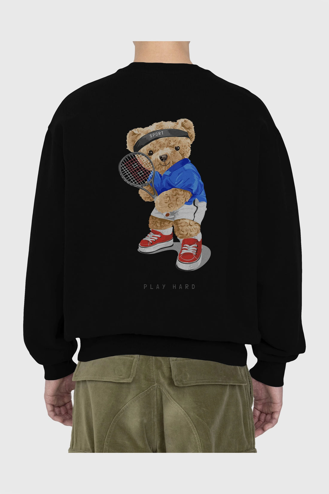 Teddy Bear Play Hard Arka Baskılı Oversize Sweatshirt Erkek Kadın Unisex