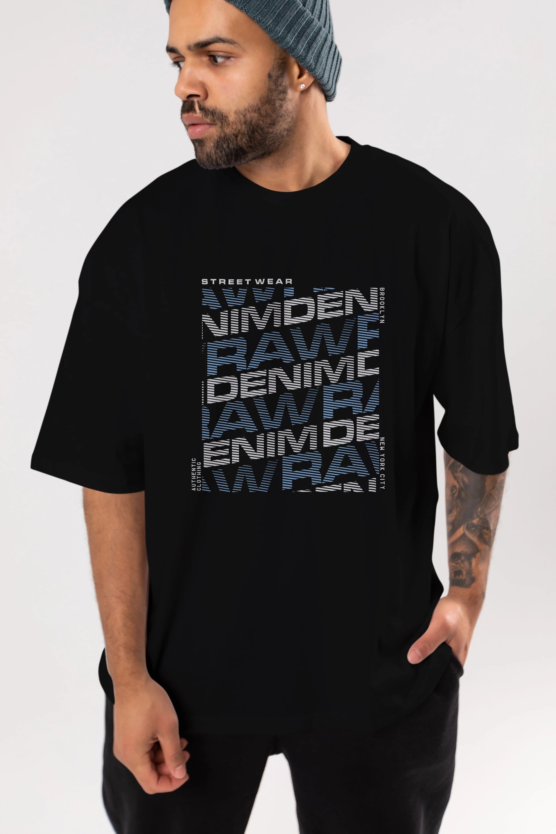 Raw Denim Ön Baskılı Oversize t-shirt Erkek Kadın Unisex