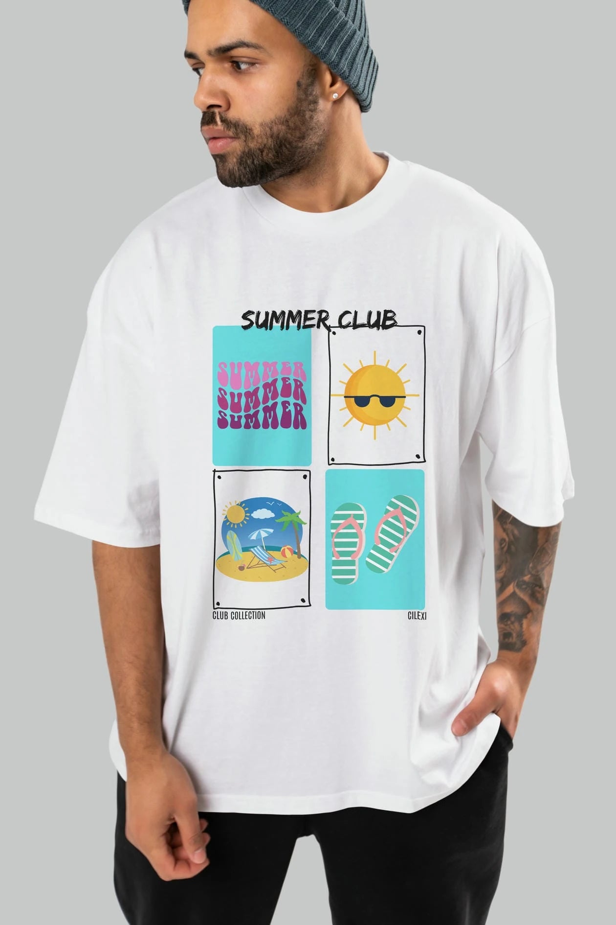 Summer Club ön Baskılı Oversize t-shirt Erkek Kadın %100 Pamuk Bisiklet Yaka tişort