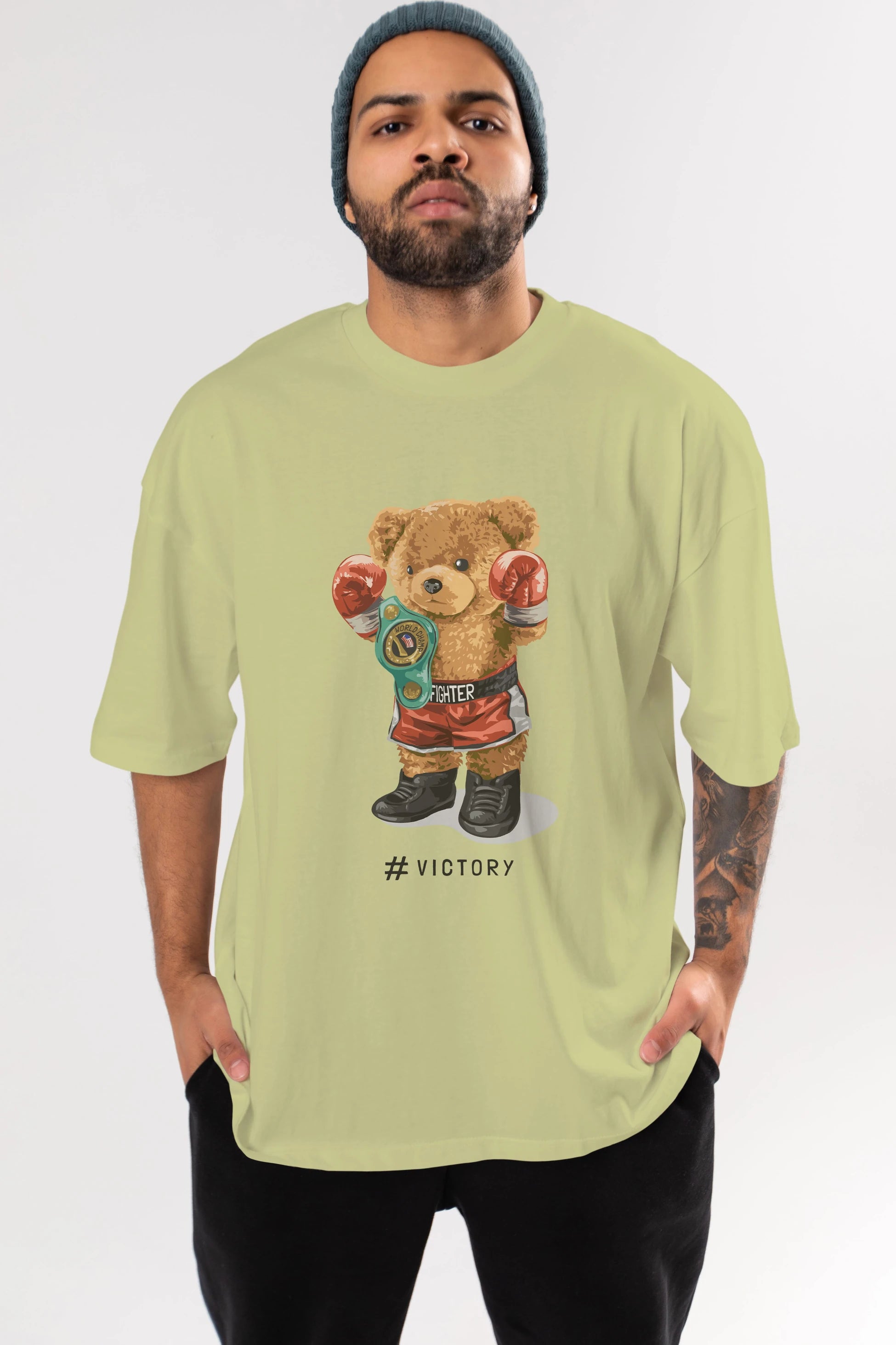Teddy Bear Victory Ön Baskılı Oversize t-shirt Erkek Kadın Unisex %100 Pamuk