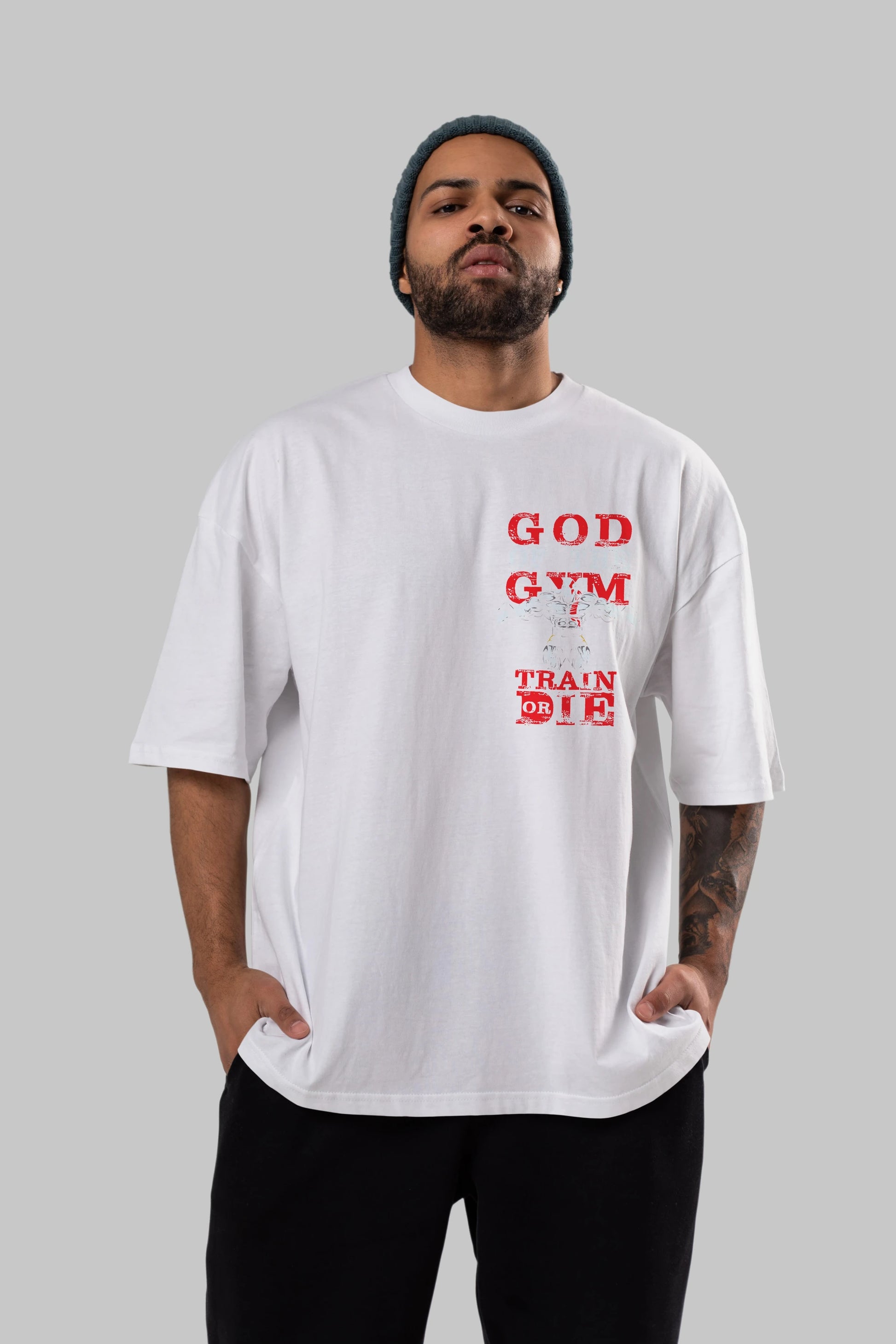 God of The GYM Ön Sol Baskılı Oversize t-shirt Erkek Kadın Unisex %100 Pamuk Bisiklet Yaka tişort