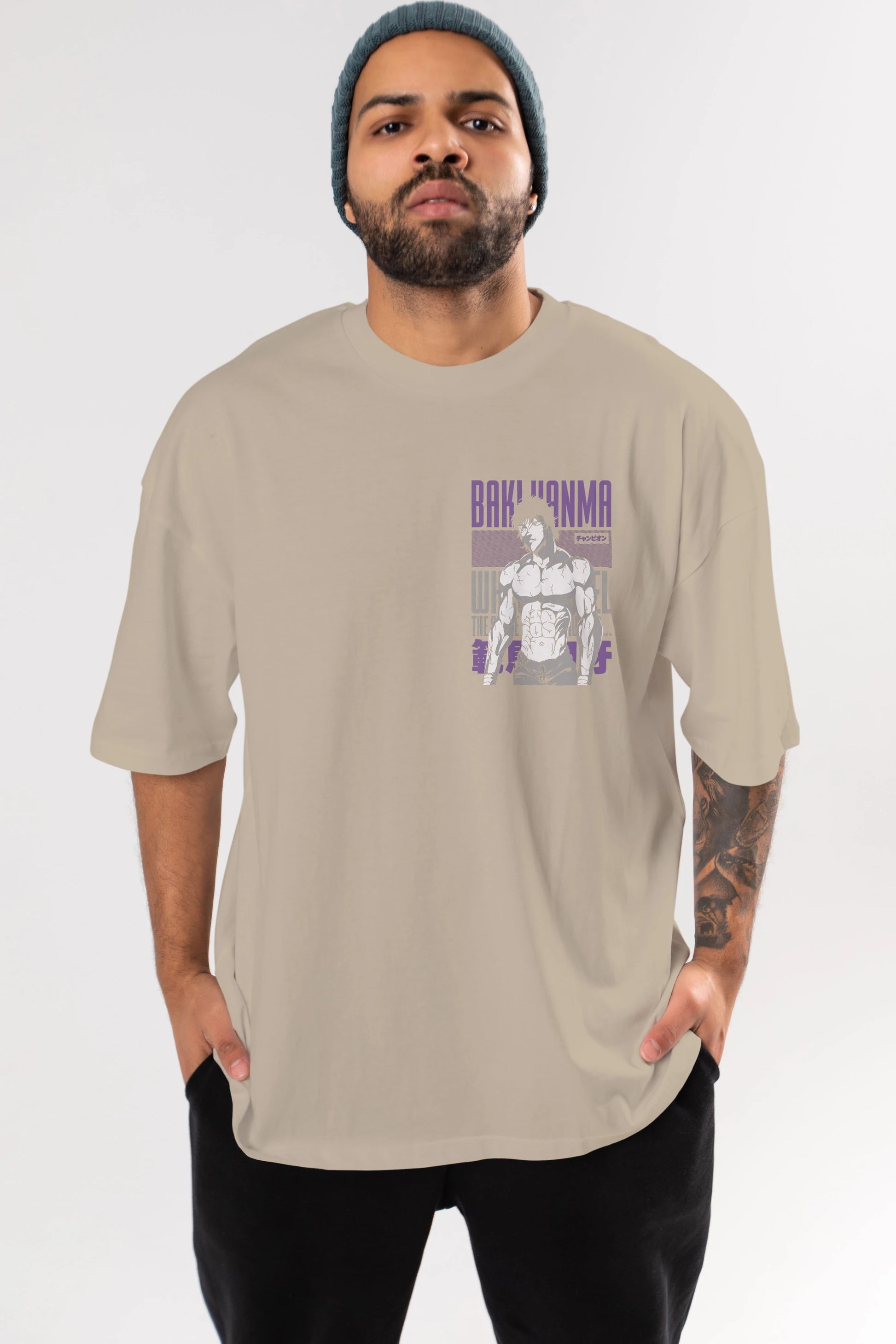 BAKI HANMA (2) Ön Sol Baskılı Oversize t-shirt Erkek Kadın Unisex %100 Pamuk Bisiklet Yaka tişort