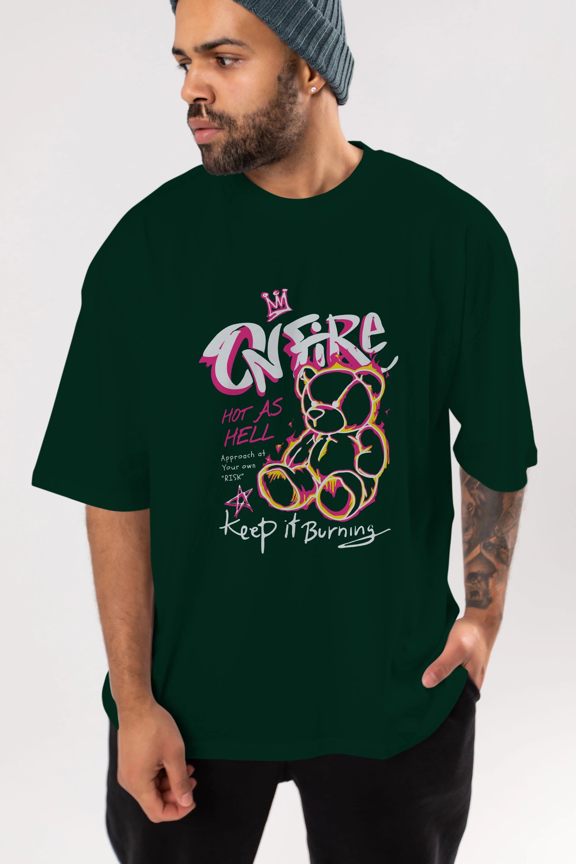 On Fire Bear Ön Baskılı Oversize t-shirt Erkek Kadın Unisex
