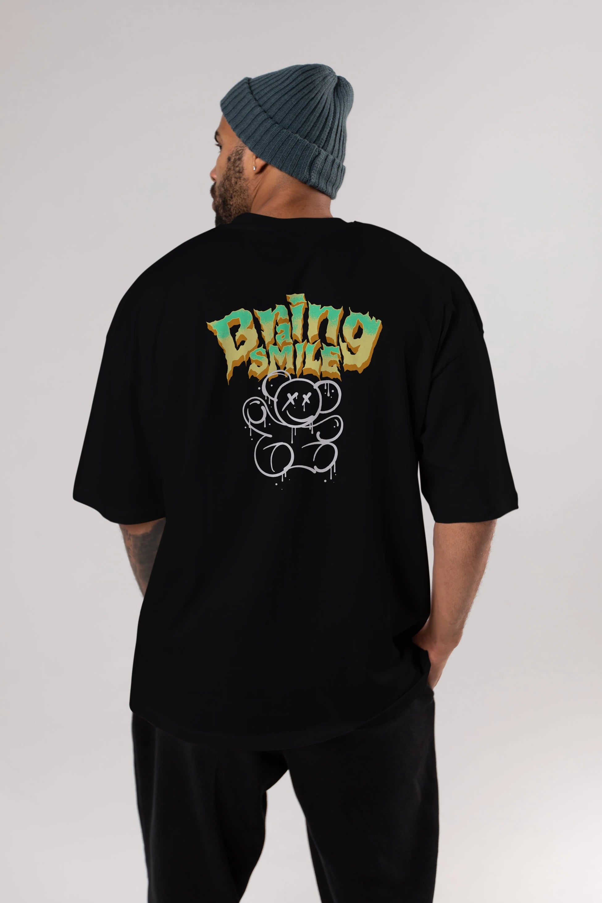Teddy Bear Braing Smile Arka Baskılı Oversize t-shirt Erkek Kadın Unisex