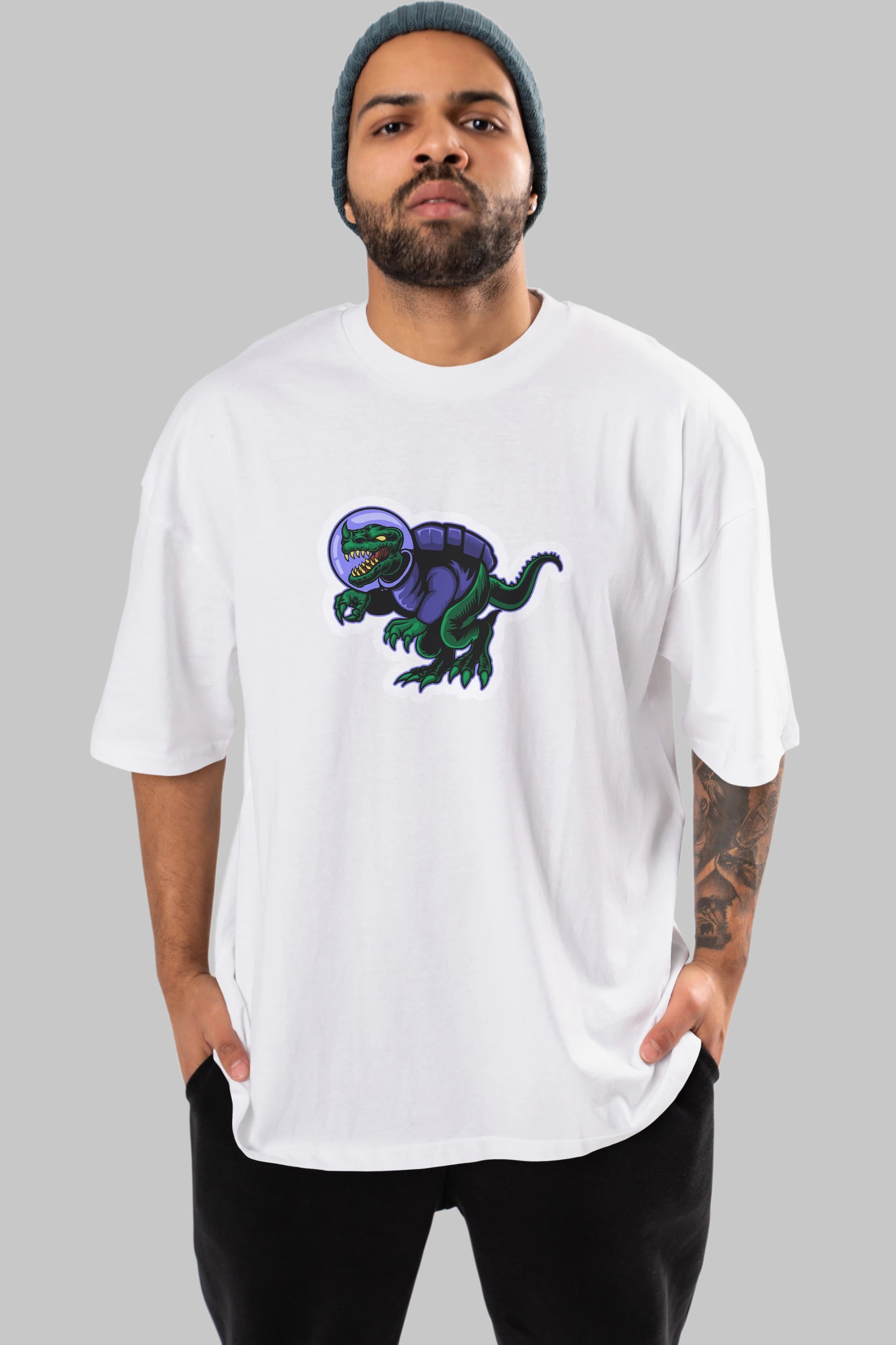 Space Dino Sticker Ön Baskılı Oversize t-shirt Erkek Kadın Unisex