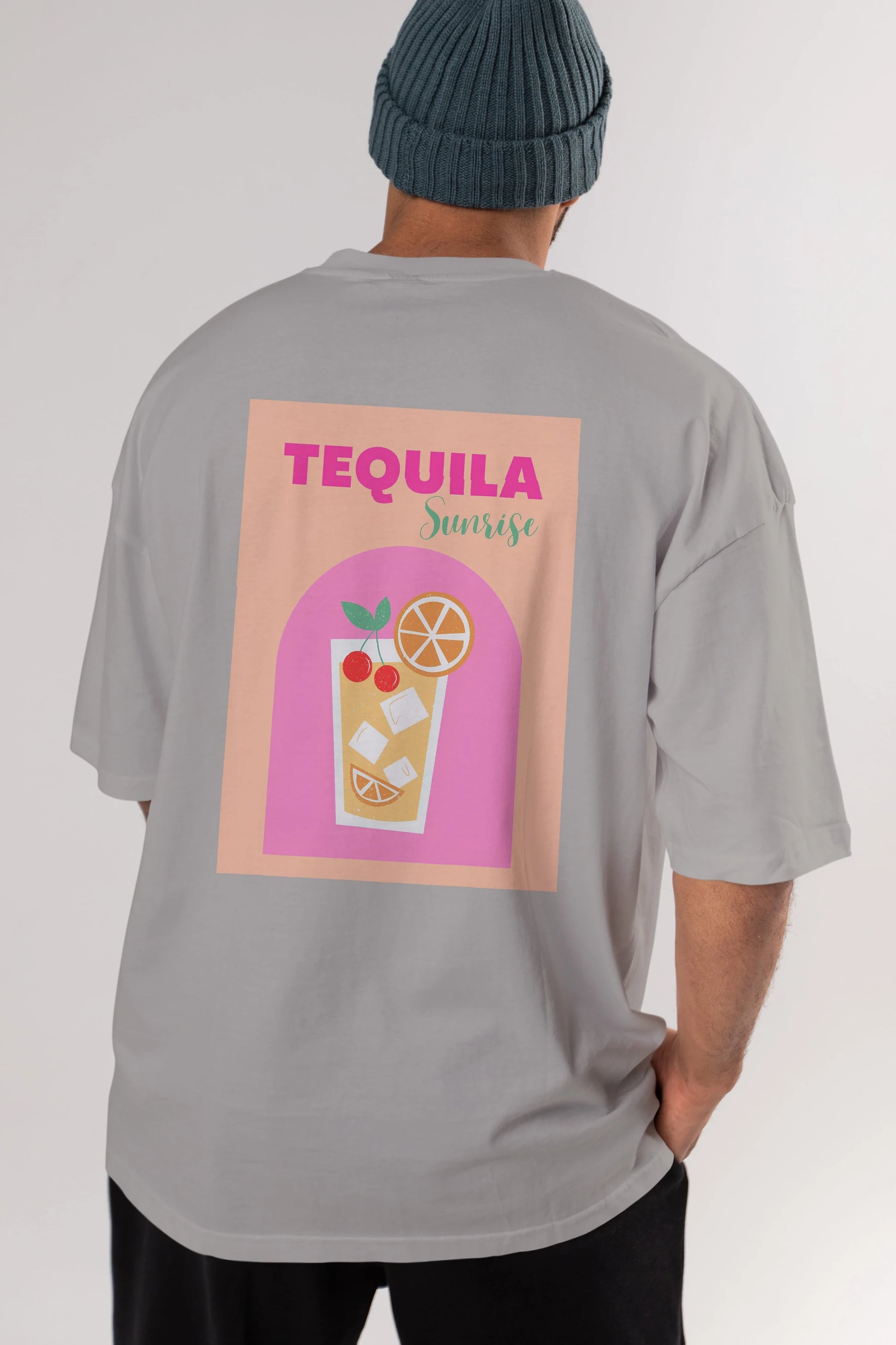 Tequila Sunrise 2 Arka Baskılı Oversize t-shirt Erkek Kadın Unisex %100 Pamuk Bisiklet Yaka tişort