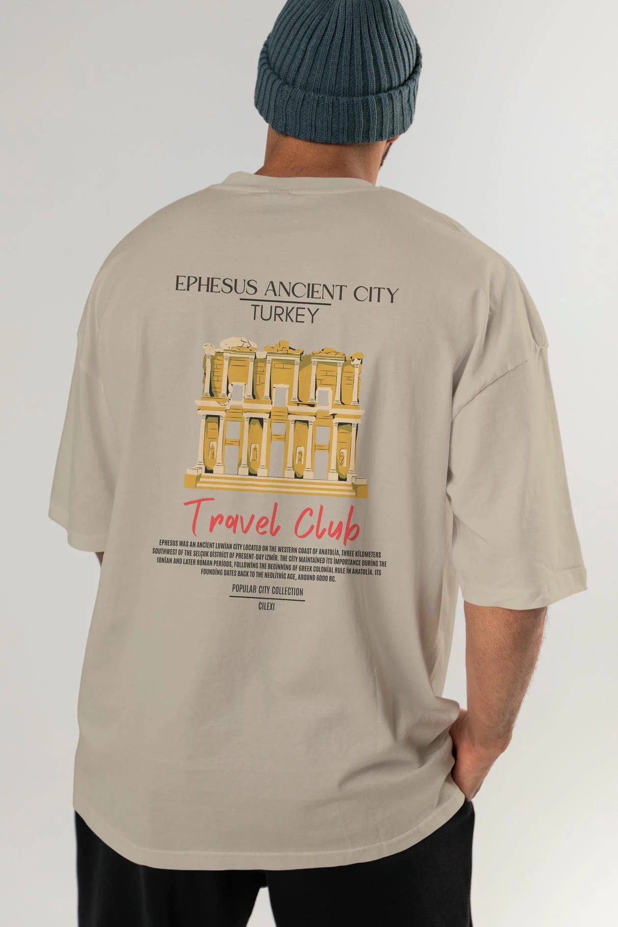 Ephesus Ancient City Turkey Arka Baskılı Oversize t-shirt Erkek Kadın Pamuk Bisiklet Yaka tişort