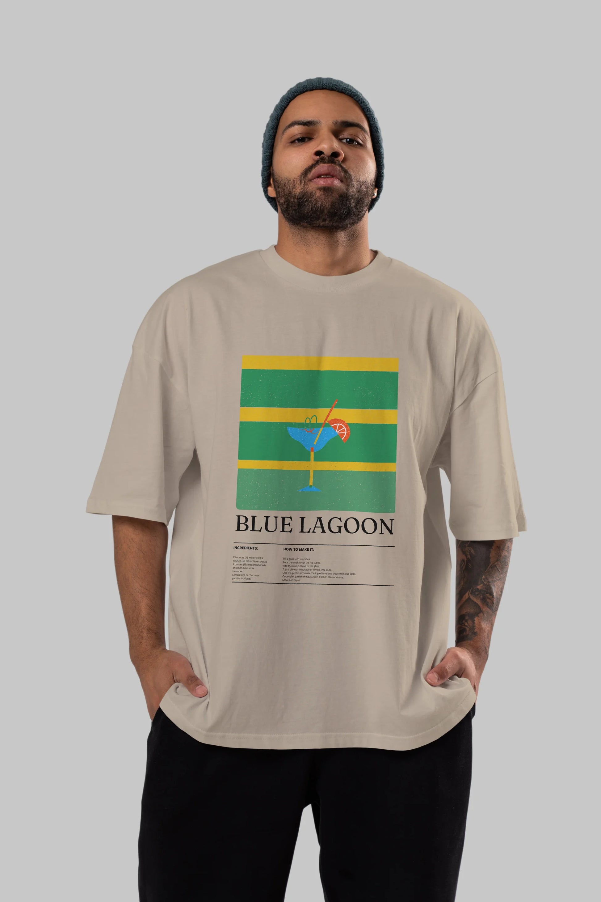 Blue Lagoon Kokteyl Ön Baskılı Oversize t-shirt Erkek Kadın %100 Pamuk Bisiklet Yaka tişort