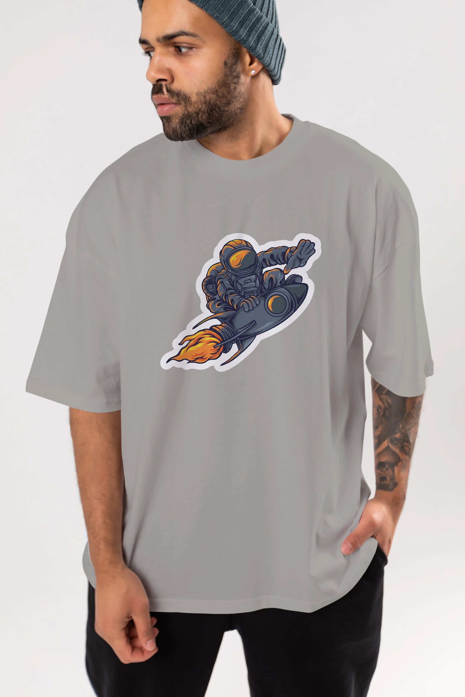 Astrocket Illustration Sticker Ön Baskılı Oversize t-shirt Erkek Kadın Unisex