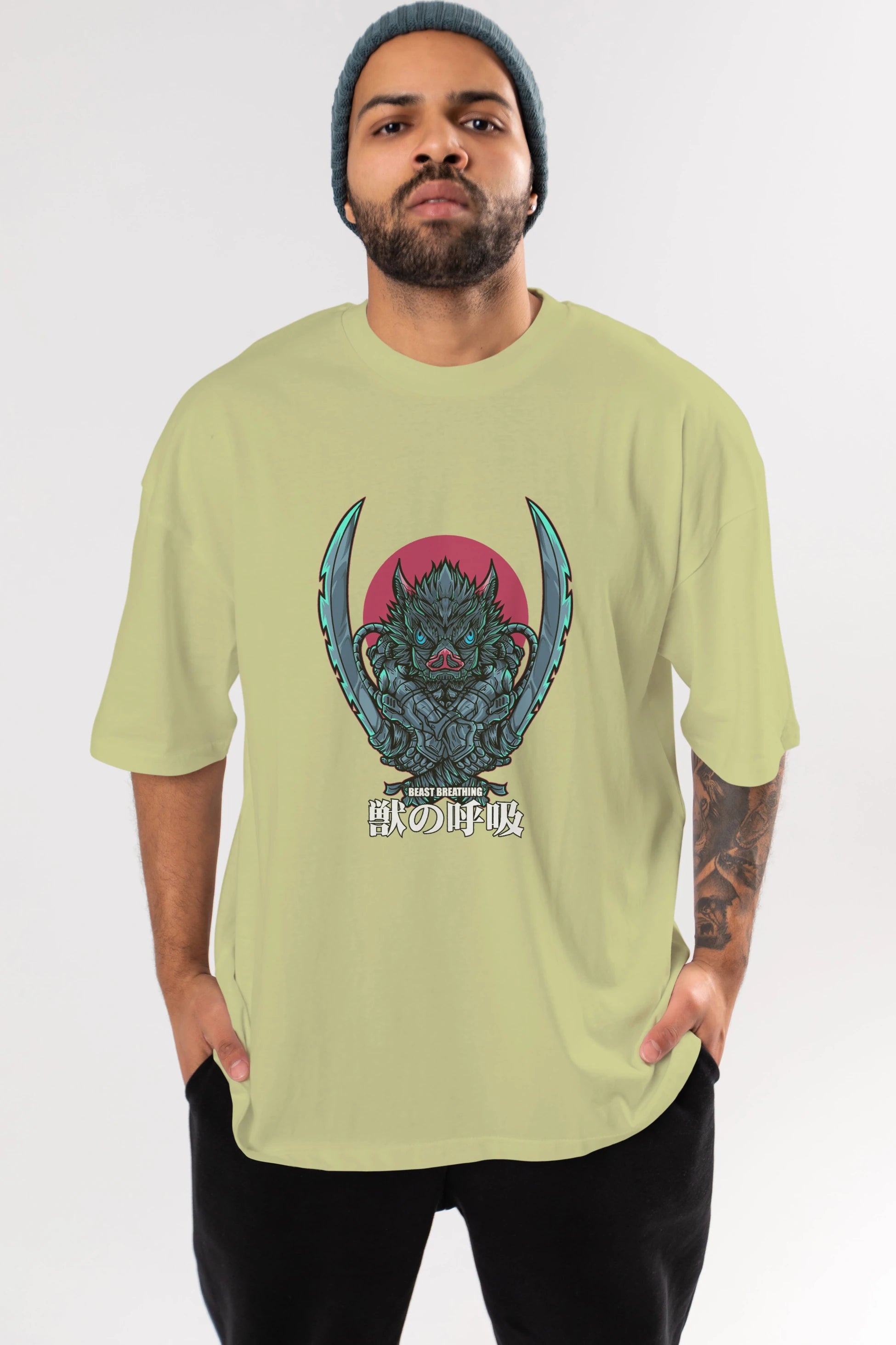 Inosuke DEMON SLAYER Anime Ön Baskılı Oversize t-shirt %100 pamuk Erkek Kadın Unisex