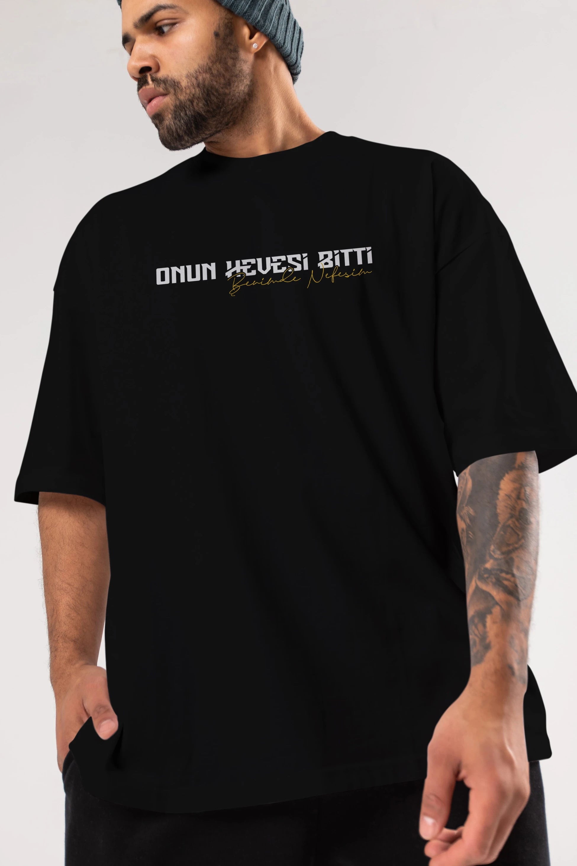 Onun Hevesi Bitti Benim Ön Baskılı Oversize t-shirt %100 pamuk Erkek Kadın Unisex