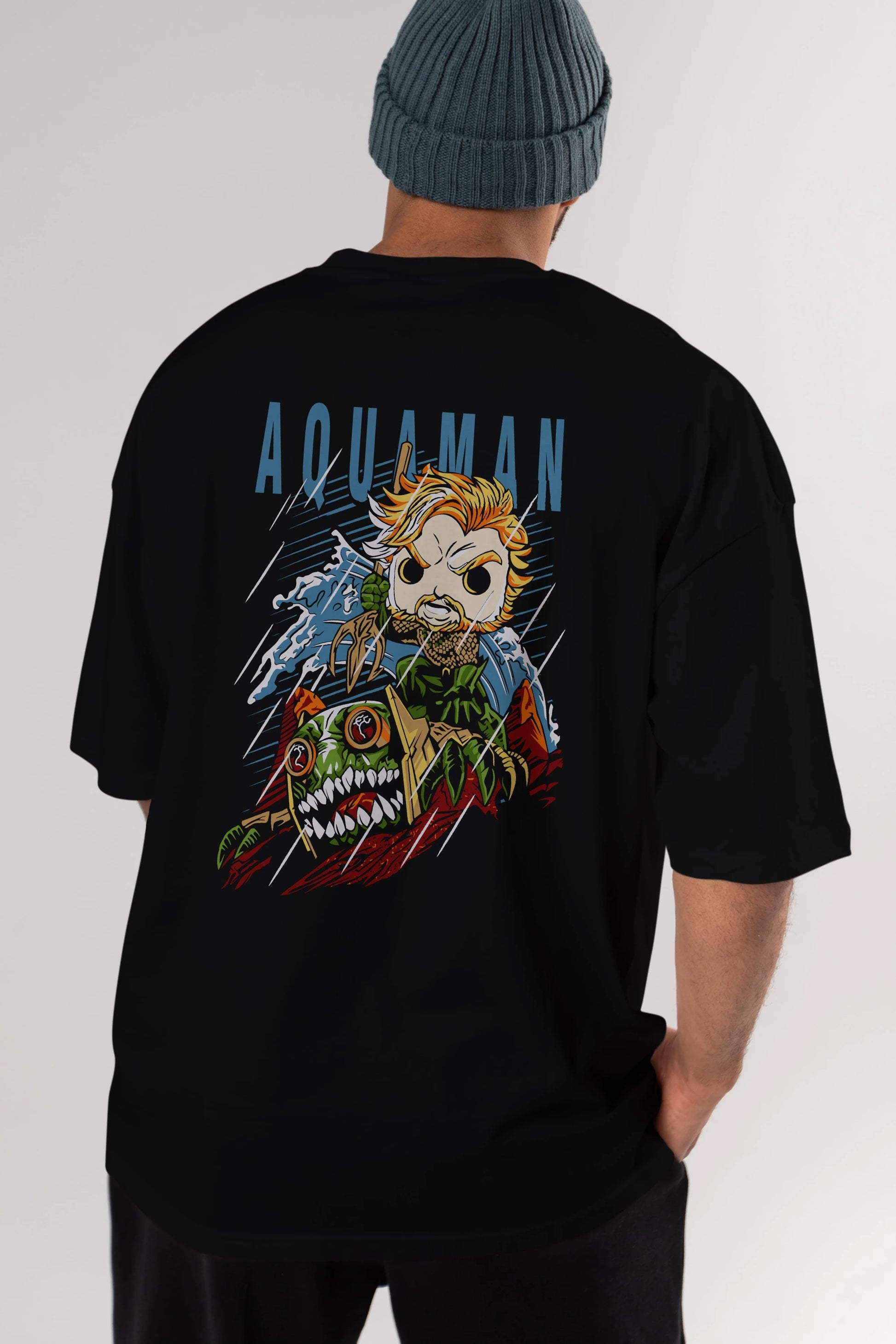 Aquaman Arka Baskılı Oversize t-shirt Erkek Kadın Unisex %100 Pamuk Bisiklet Yaka tişort