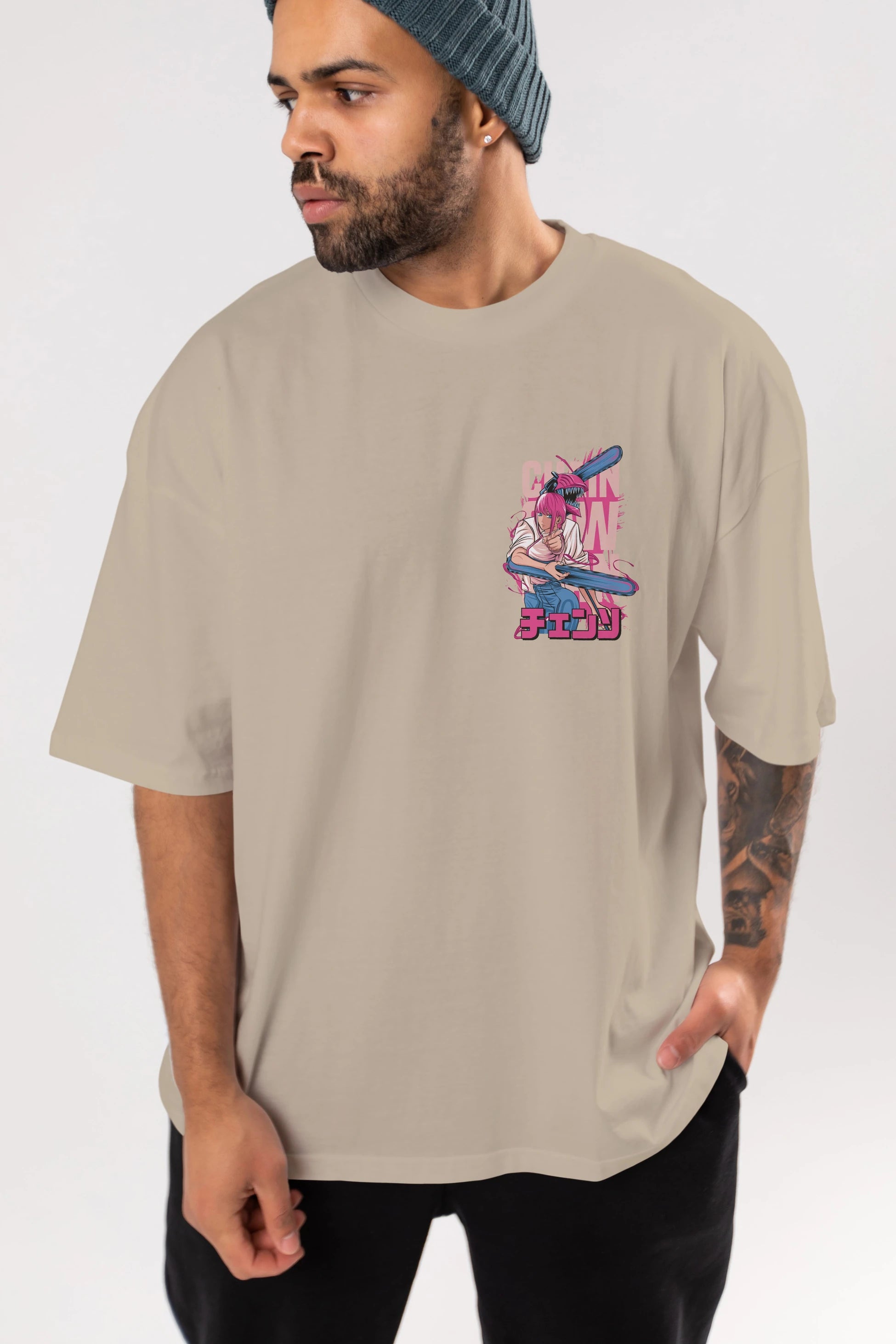 DENJI and MAKIMA Ön Sol Baskılı Oversize t-shirt Erkek Kadın Unisex %100 Pamuk Bisiklet Yaka tişort