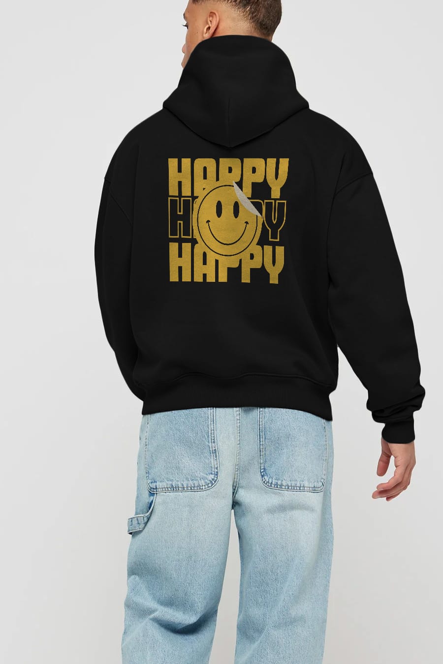 Happy Smile Yazılı Arka Baskılı Oversize Hoodie Kapüşonlu Sweatshirt Erkek Kadın Unisex