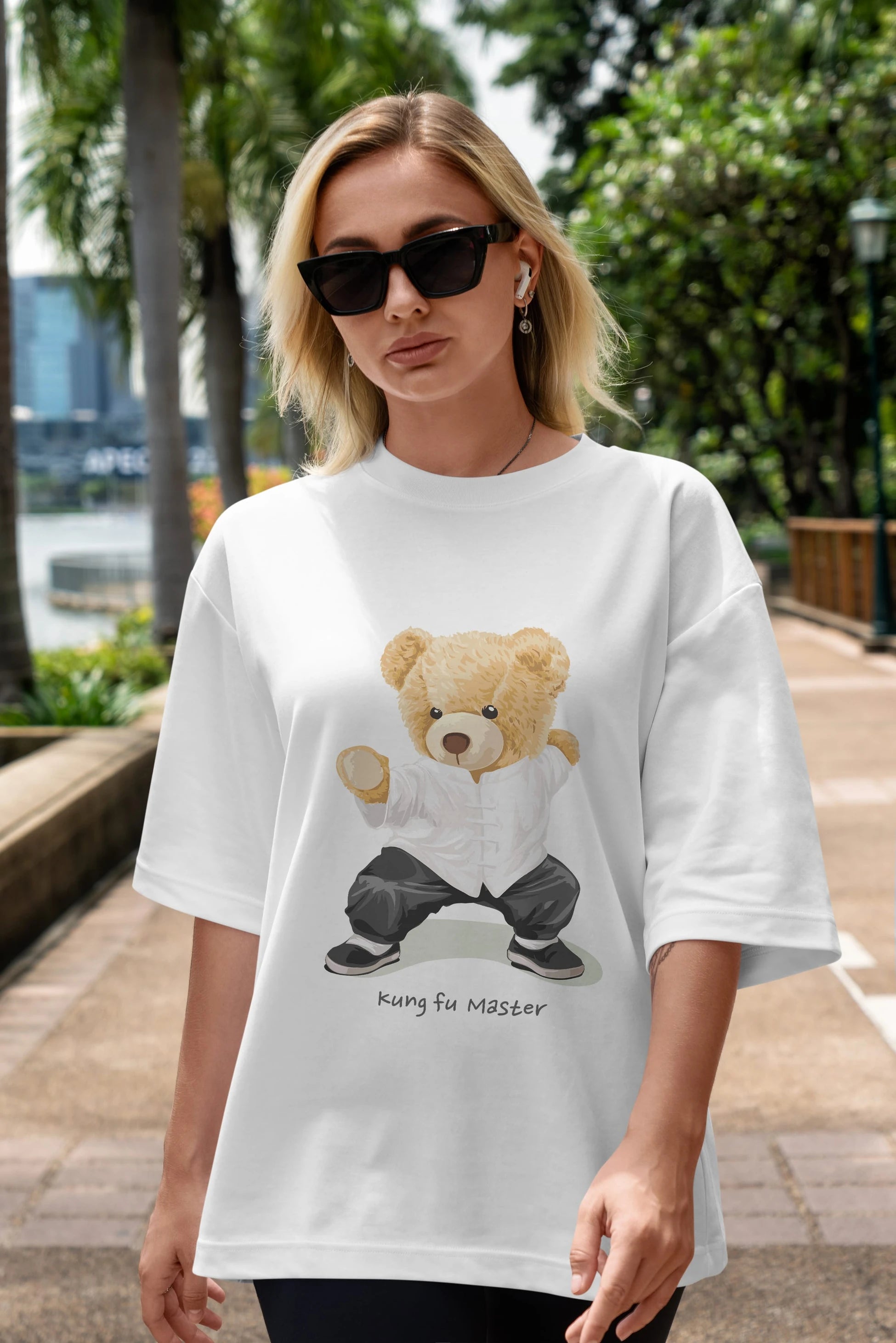 Teddy Bear Kung Fu Master Ön Baskılı Oversize t-shirt Erkek Kadın Unisex %100 Pamuk