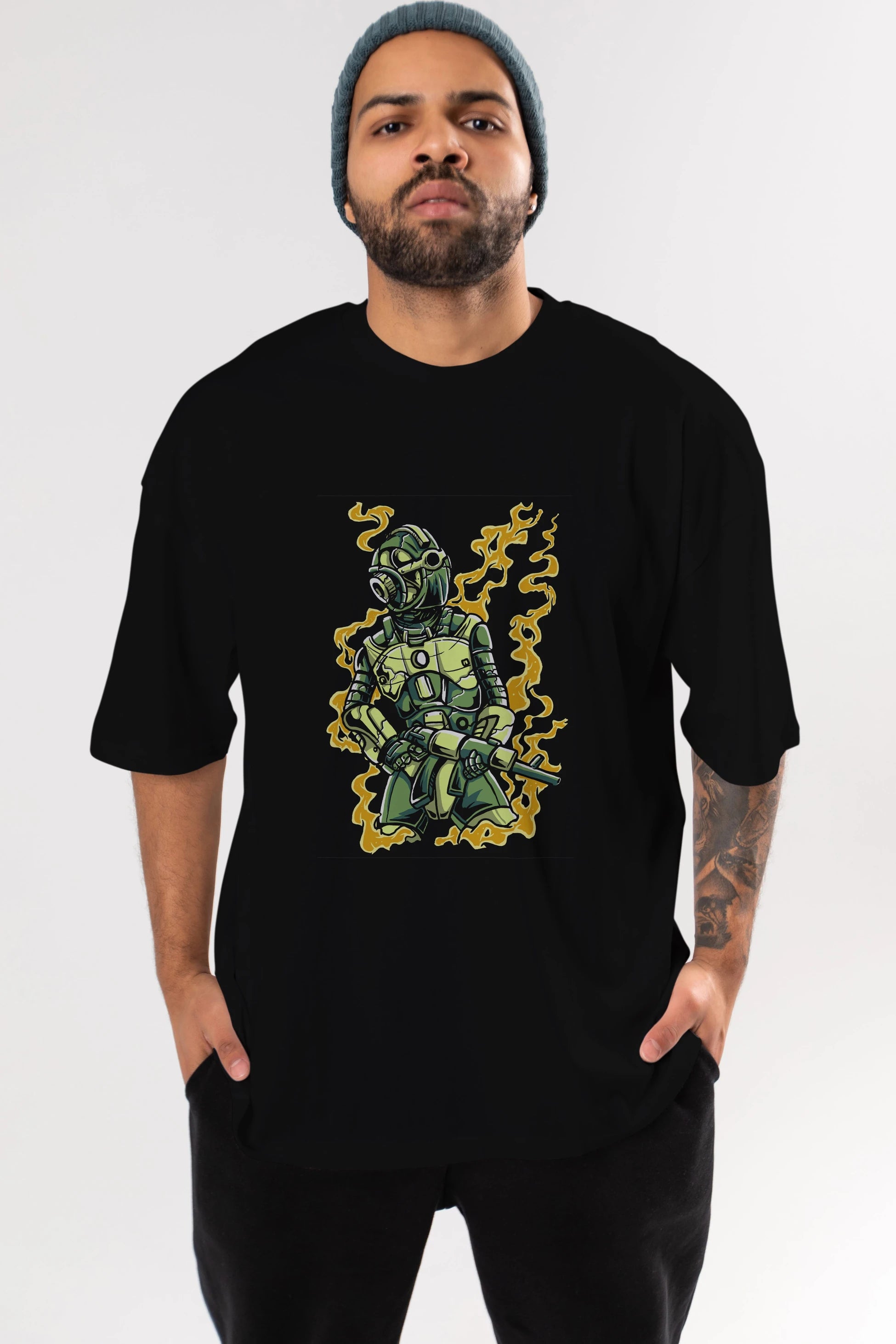 Robot Soldier Ön Baskılı Oversize t-shirt Erkek Kadın Unisex %100 Pamuk tişort