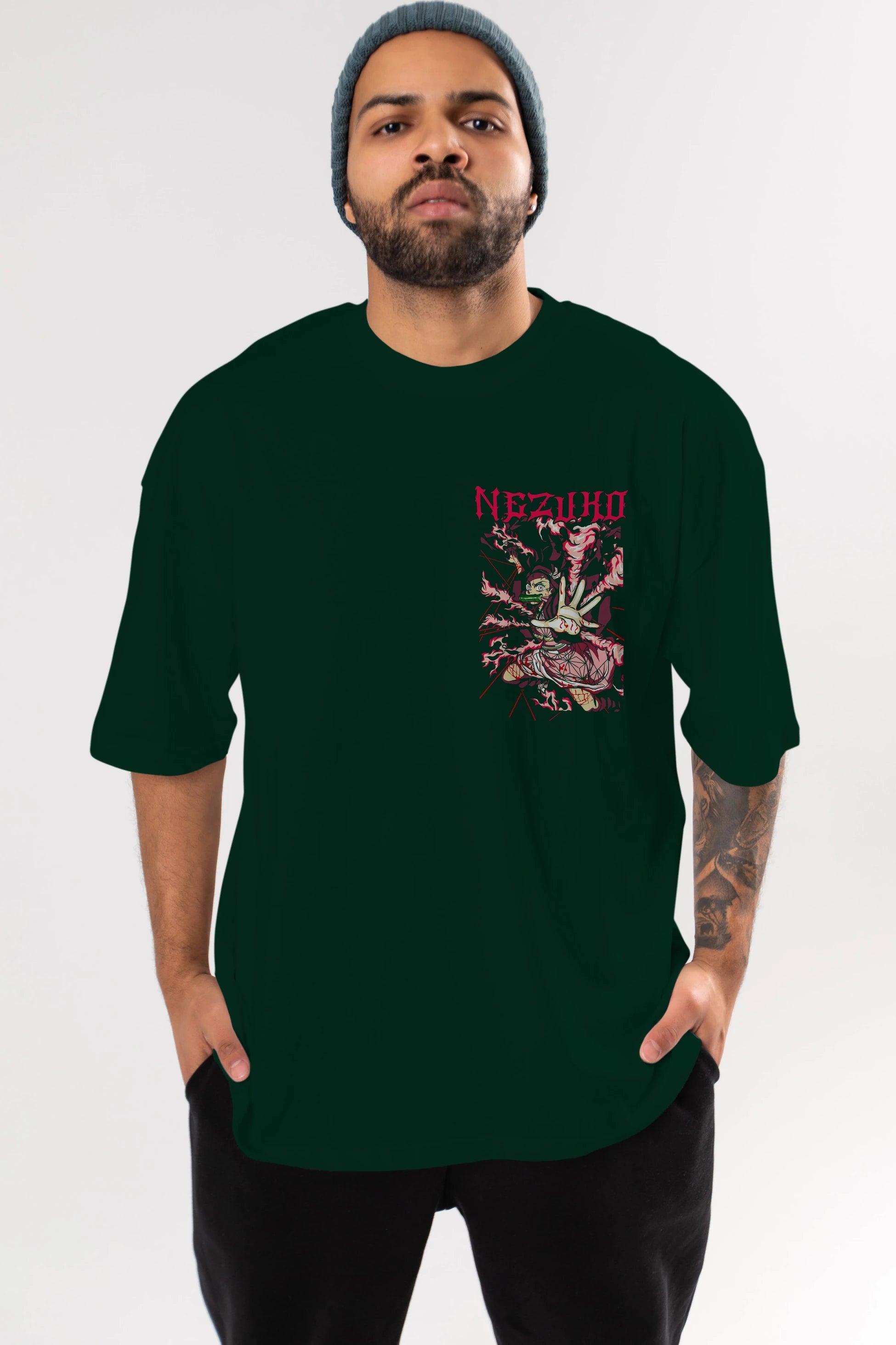 NEZUKO KAMADO Ön Sol Baskılı Oversize t-shirt Erkek Kadın Unisex %100 Pamuk Bisiklet Yaka tişort