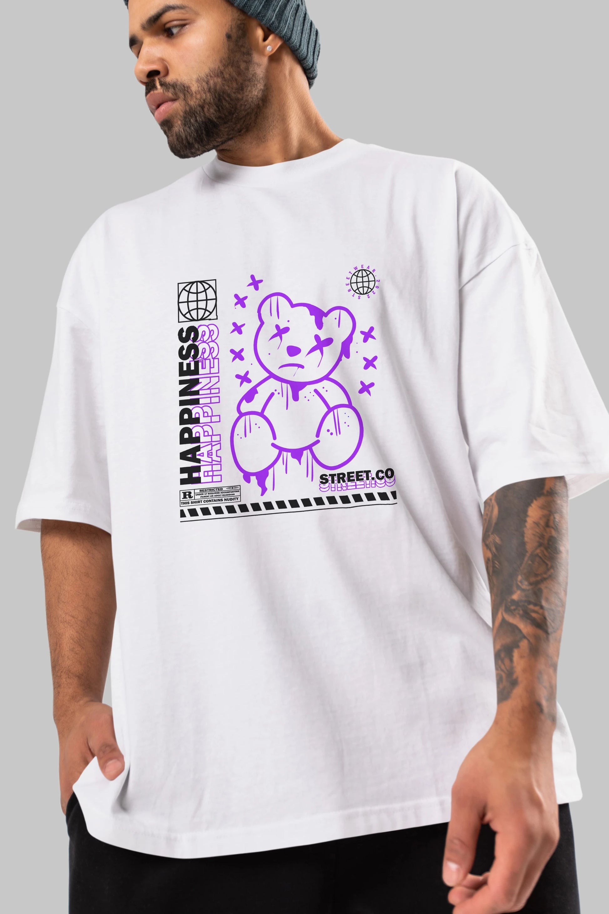 Happiness Bear 3 Ön Baskılı Oversize t-shirt Erkek Kadın Unisex