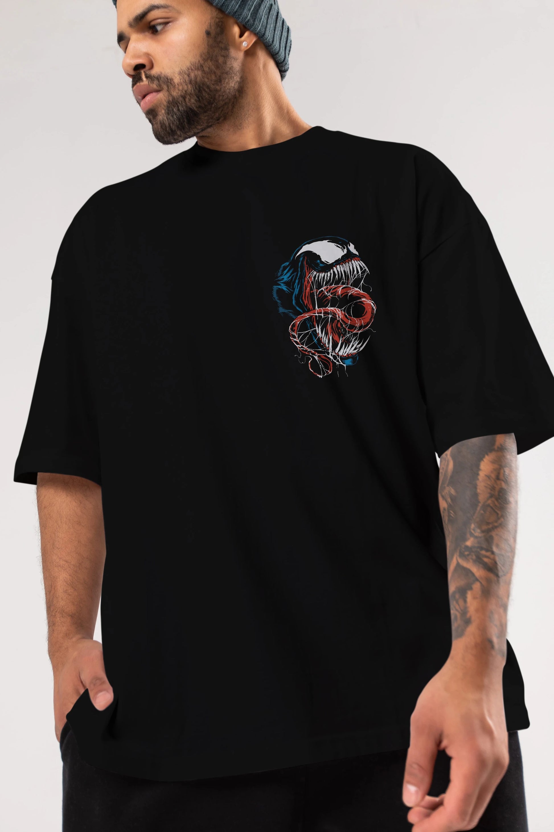Venom (10) Ön Sol Baskılı Oversize t-shirt Erkek Kadın Unisex %100 Pamuk Bisiklet Yaka tişort