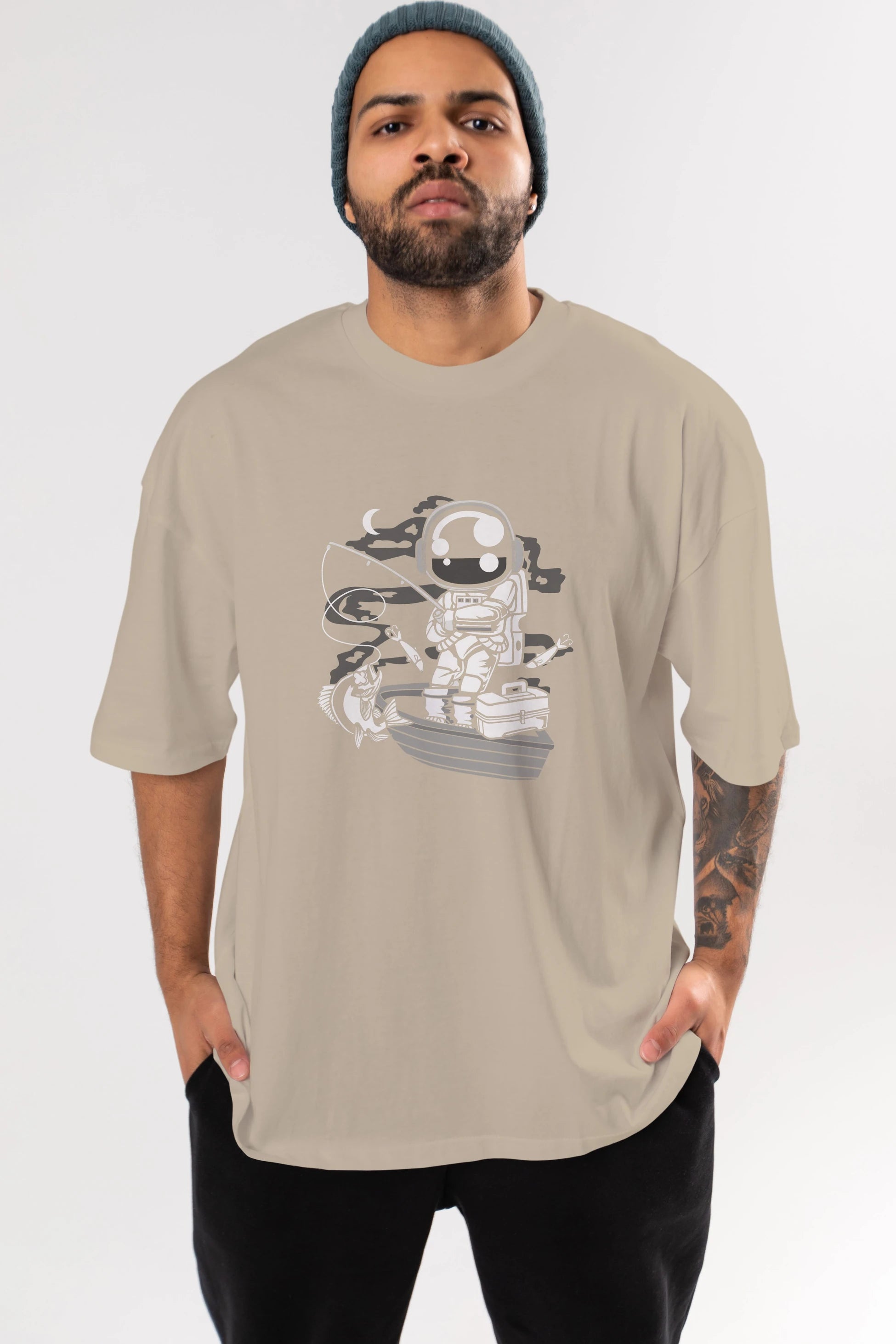 Astronaut Fisherman Ön Baskılı Oversize t-shirt Erkek Kadın Unisex