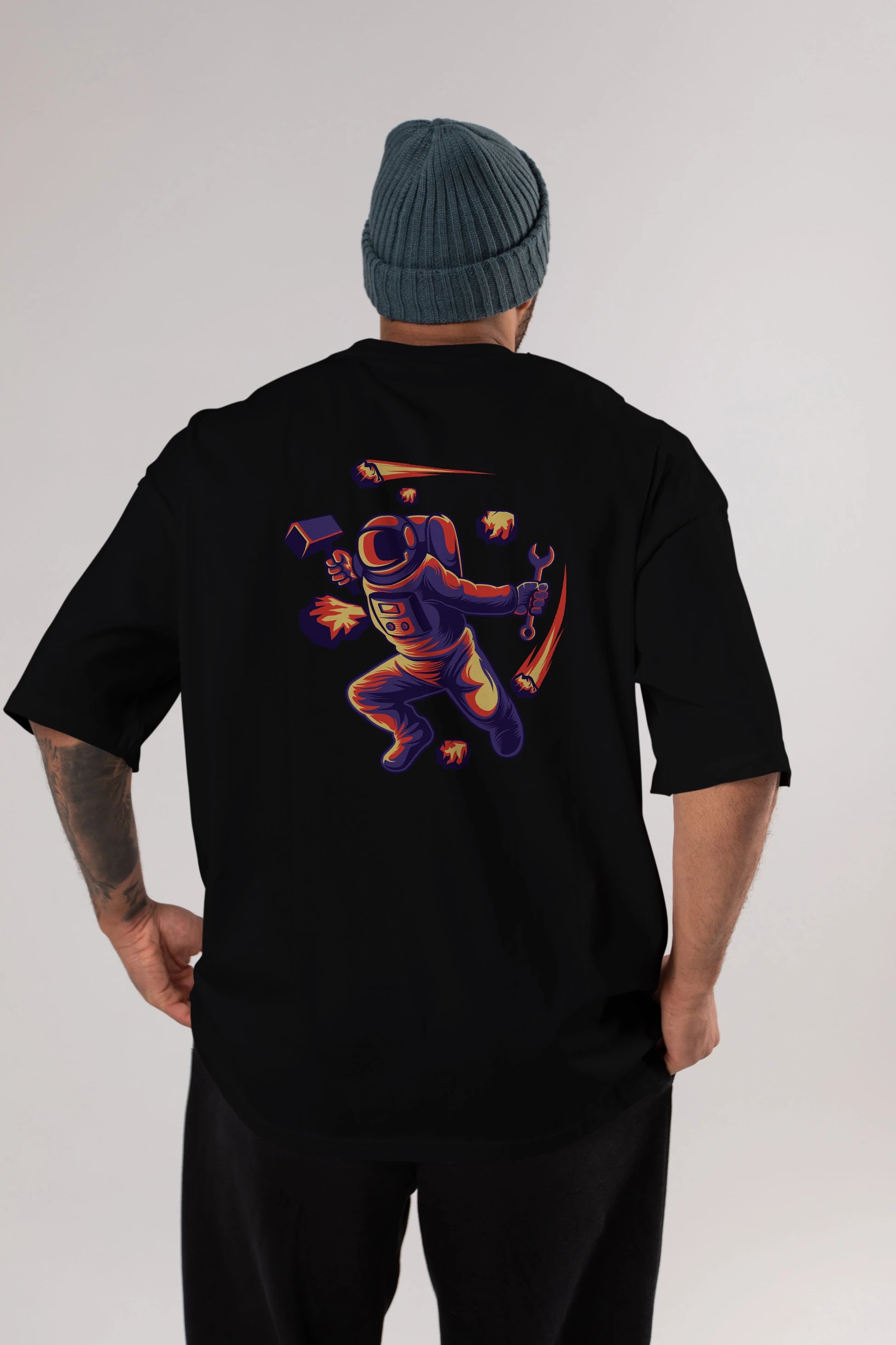 Astronaut Block Meteor Arka Baskılı Oversize t-shirt Erkek Kadın Unisex