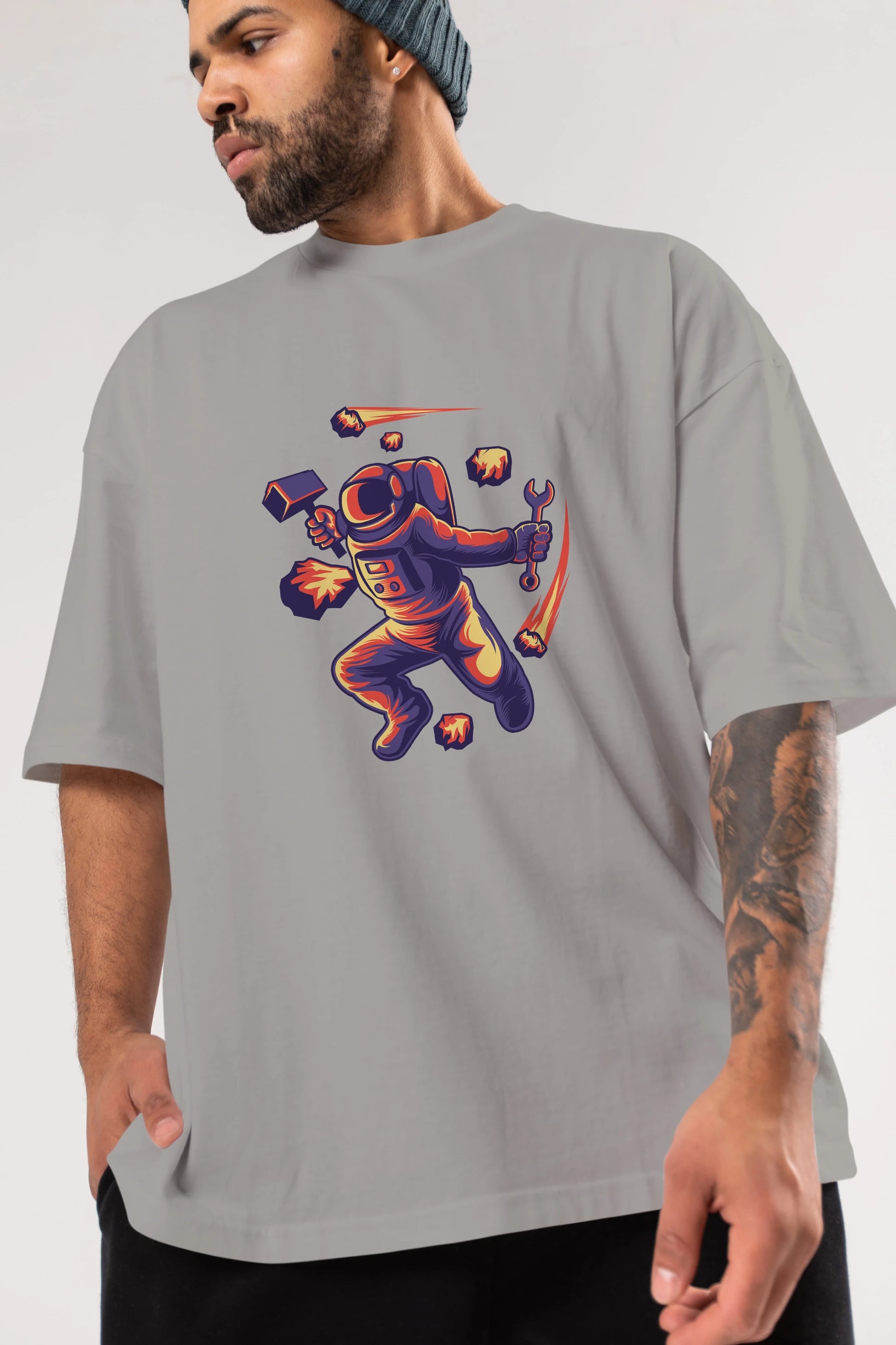 Astronaut Block Meteor Ön Baskılı Oversize t-shirt Erkek Kadın Unisex