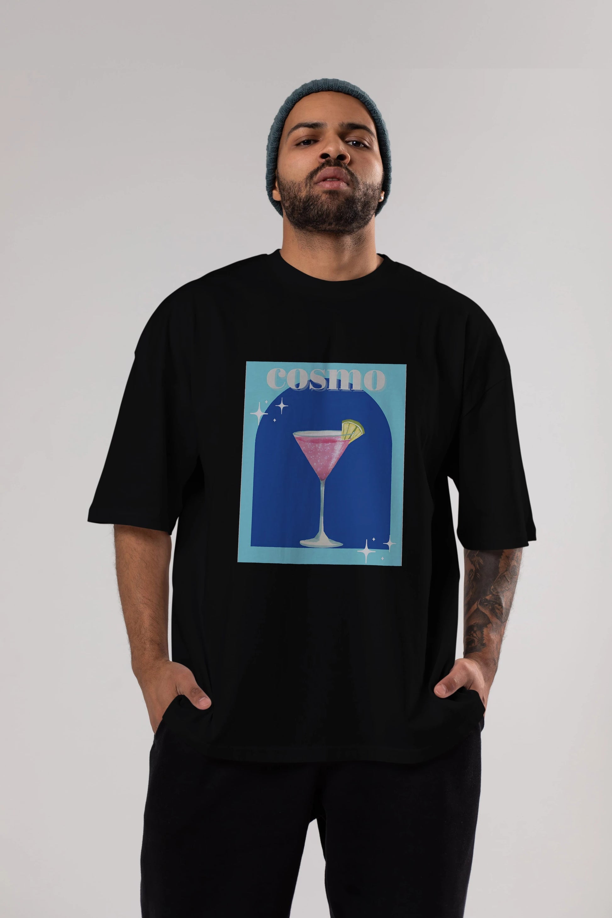 Cosmopolitan 2 Ön Baskılı Oversize t-shirt Erkek Kadın Unisex %100 Pamuk Bisiklet Yaka tişort