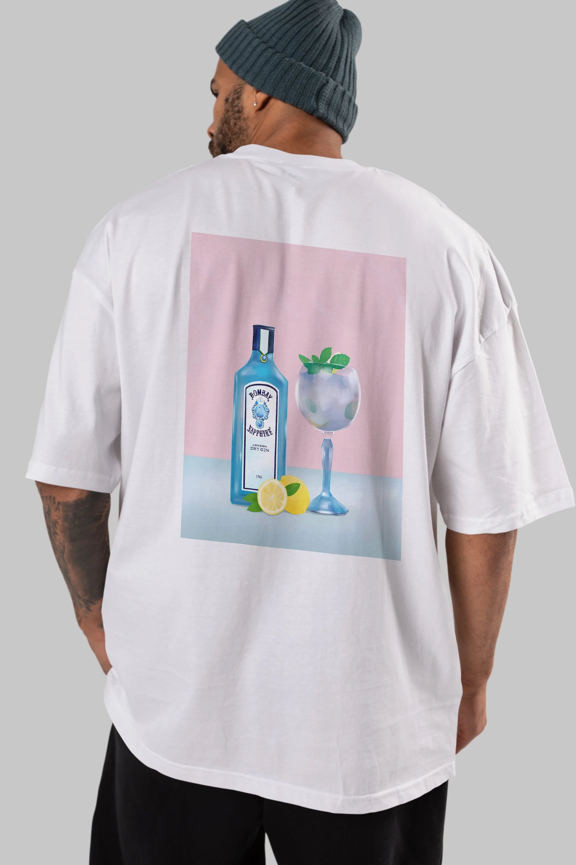Bombay Sapphire Dry Gin Arka Baskılı Oversize t-shirt Erkek Kadın Unisex %100 Pamuk Bisiklet Yaka tişort