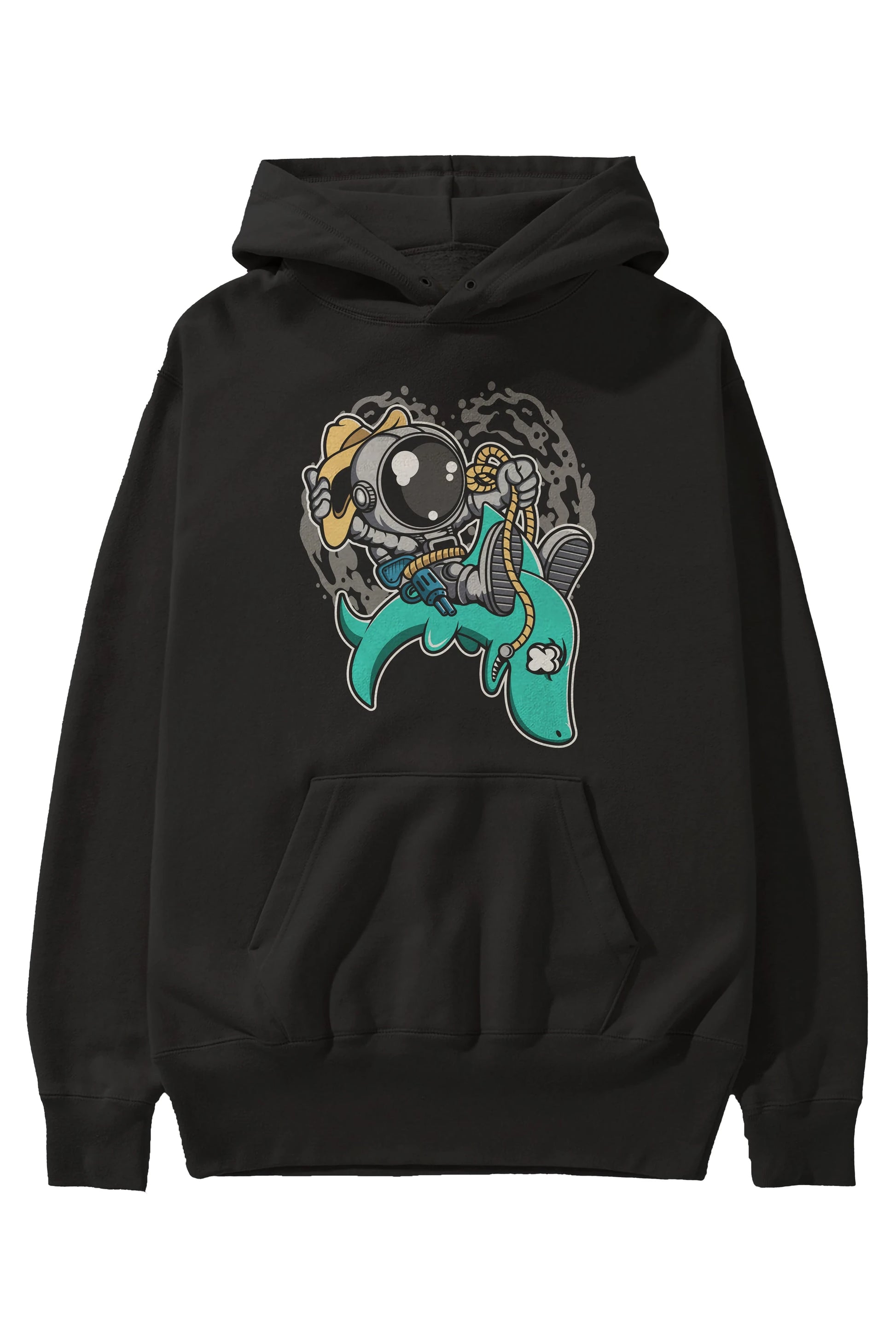 Astronaut Riding Shark Ön Baskılı Hoodie Oversize Kapüşonlu Sweatshirt Erkek Kadın Unisex