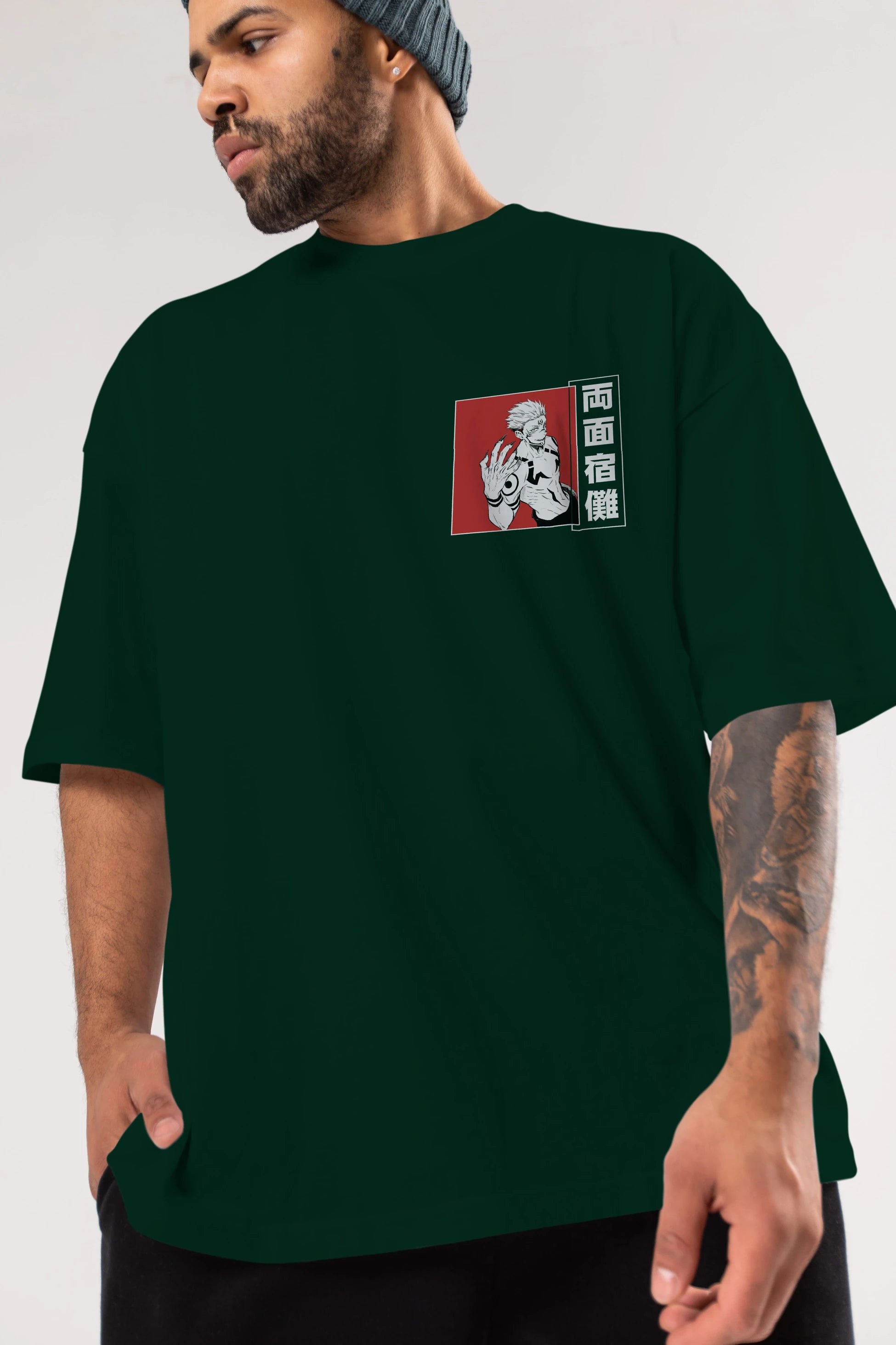 Sukuna Ryoumen 2 Ön Sol Baskılı Oversize t-shirt Erkek Kadın Unisex %100 Pamuk Bisiklet Yaka tişort