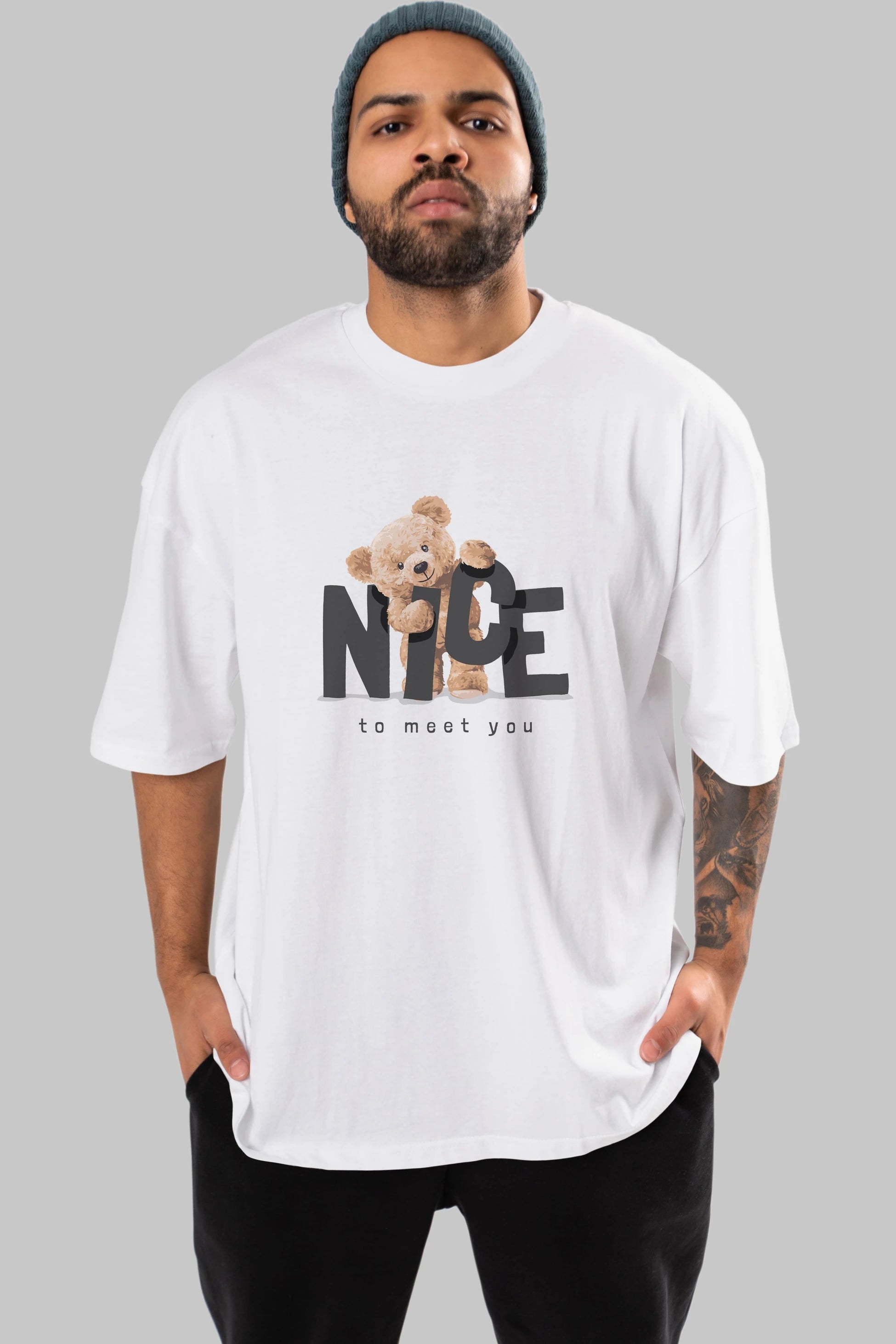 Teddy Nıce To Meet You Ön Baskılı Oversize t-shirt Erkek Kadın Unisex %100 Pamuk