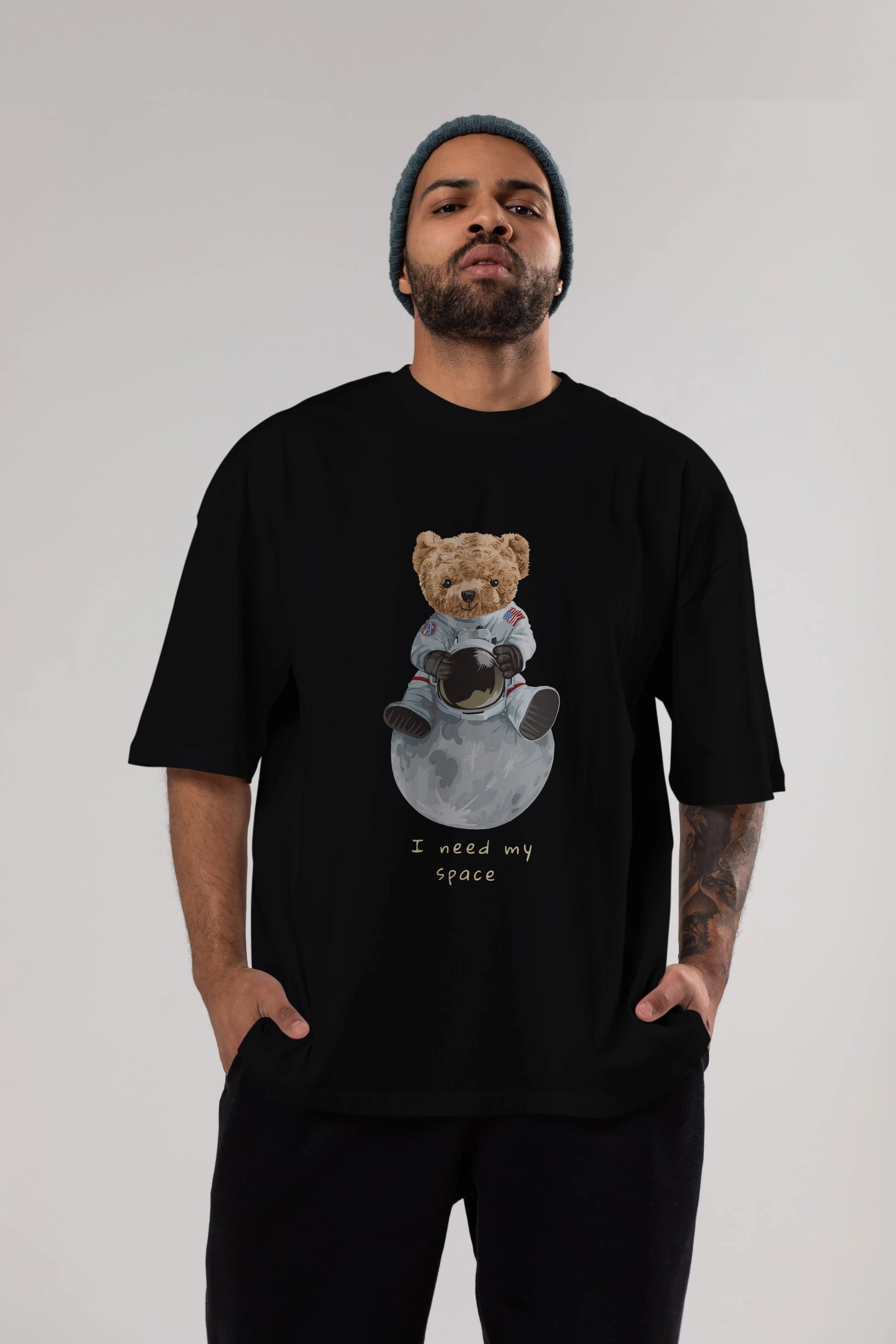 Teddy Bear I Need My Space Ön Baskılı Oversize t-shirt Erkek Kadın Unisex %100 Pamuk