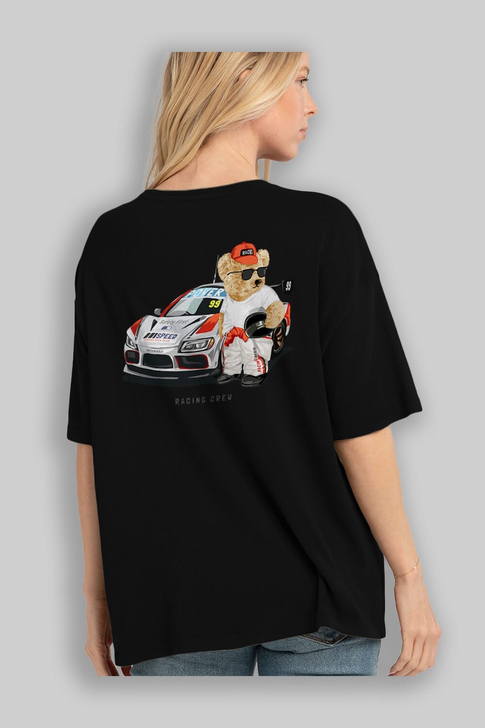 Teddy Bear Racing Crew Arka Baskılı Oversize t-shirt Erkek Kadın Unisex %100 Pamuk