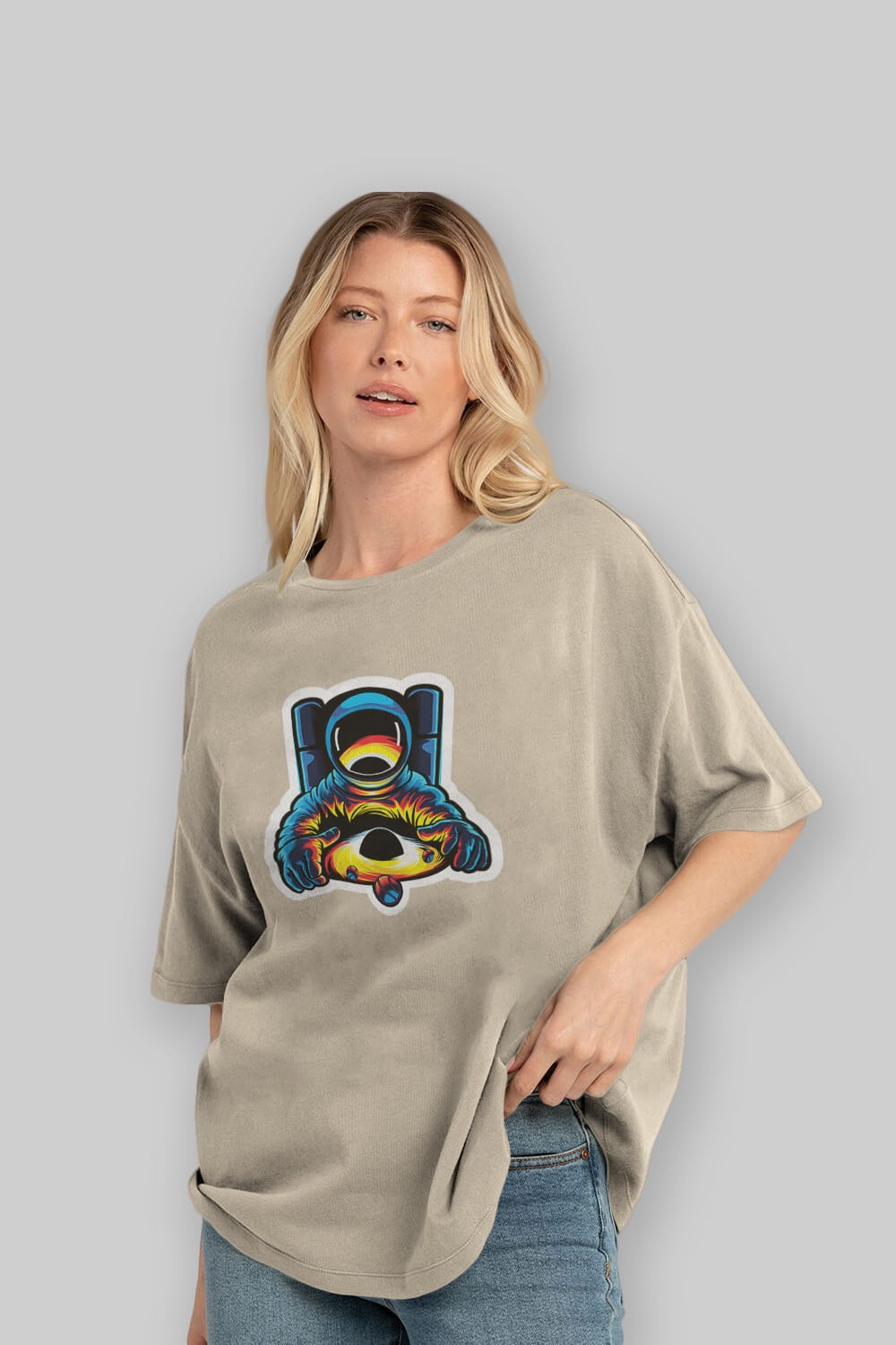 Astronaut & Black Hole Sticker Ön Baskılı Oversize t-shirt Erkek Kadın Unisex