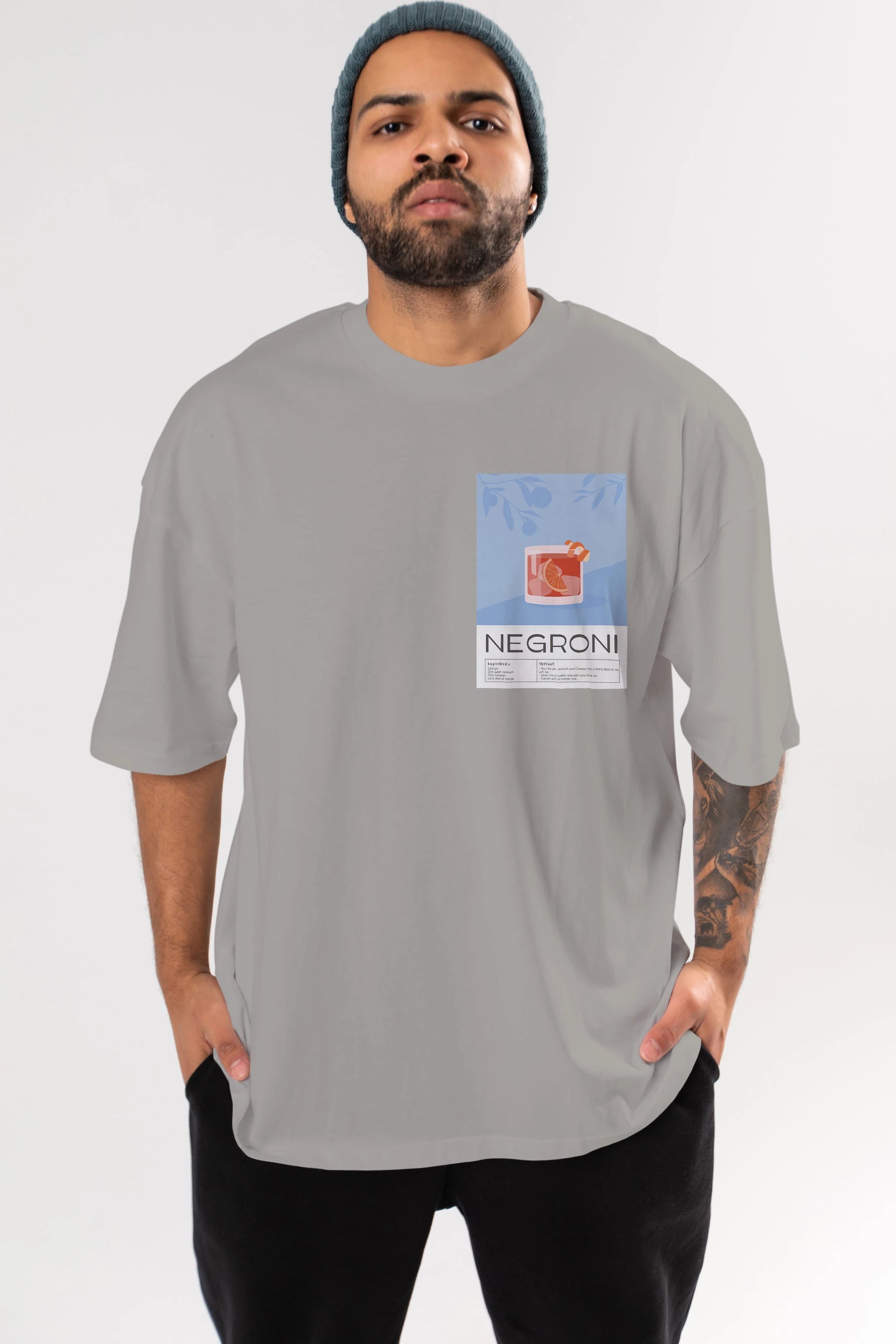 Negroni Ön Sol Baskılı Oversize t-shirt Erkek Kadın Unisex %100 Pamuk Bisiklet Yaka tişort