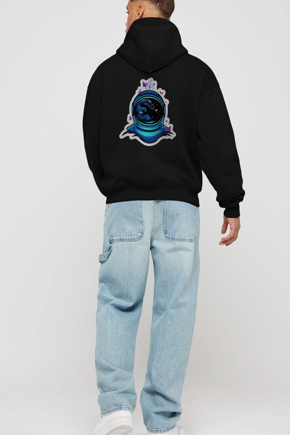 Astronaut and Butterfly Sticker Arka Baskılı Hoodie Oversize Kapüşonlu Sweatshirt Erkek Kadın Unisex
