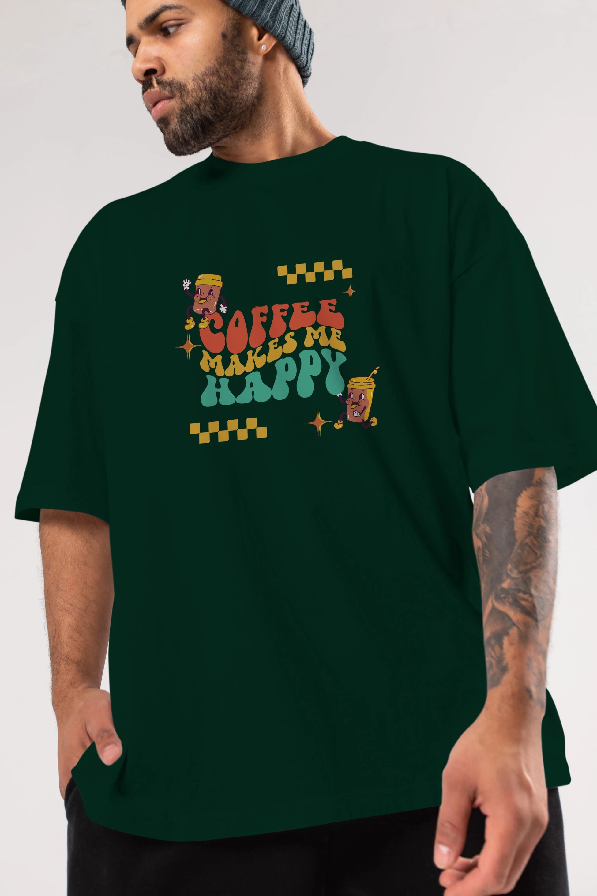 Coffee Makes Me Happy Yazılı Ön Baskılı Oversize t-shirt Erkek Kadın Unisex