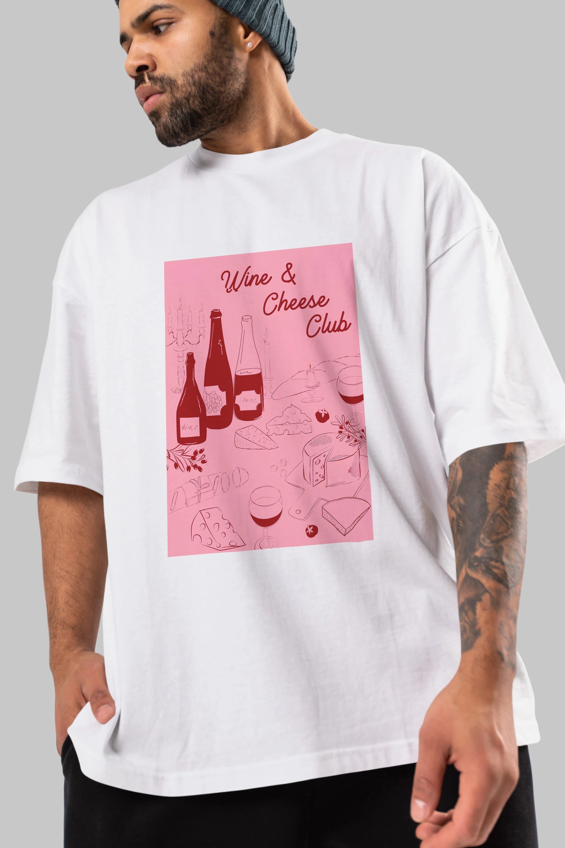 Wine Cheese Club Ön Baskılı Oversize t-shirt Erkek Kadın Unisex %100 Pamuk Bisiklet Yaka tişort