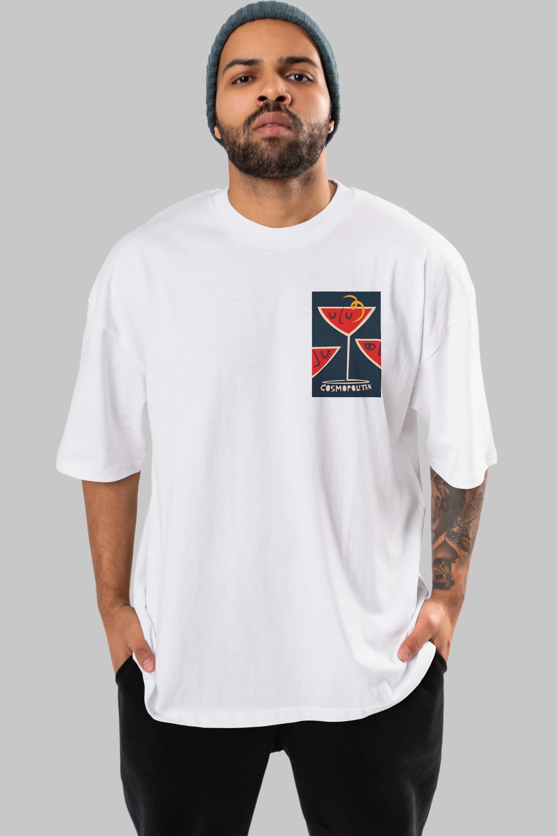 Cosmopolitan 4 Ön Sol Baskılı Oversize t-shirt Erkek Kadın Unisex %100 Pamuk Bisiklet Yaka tişort