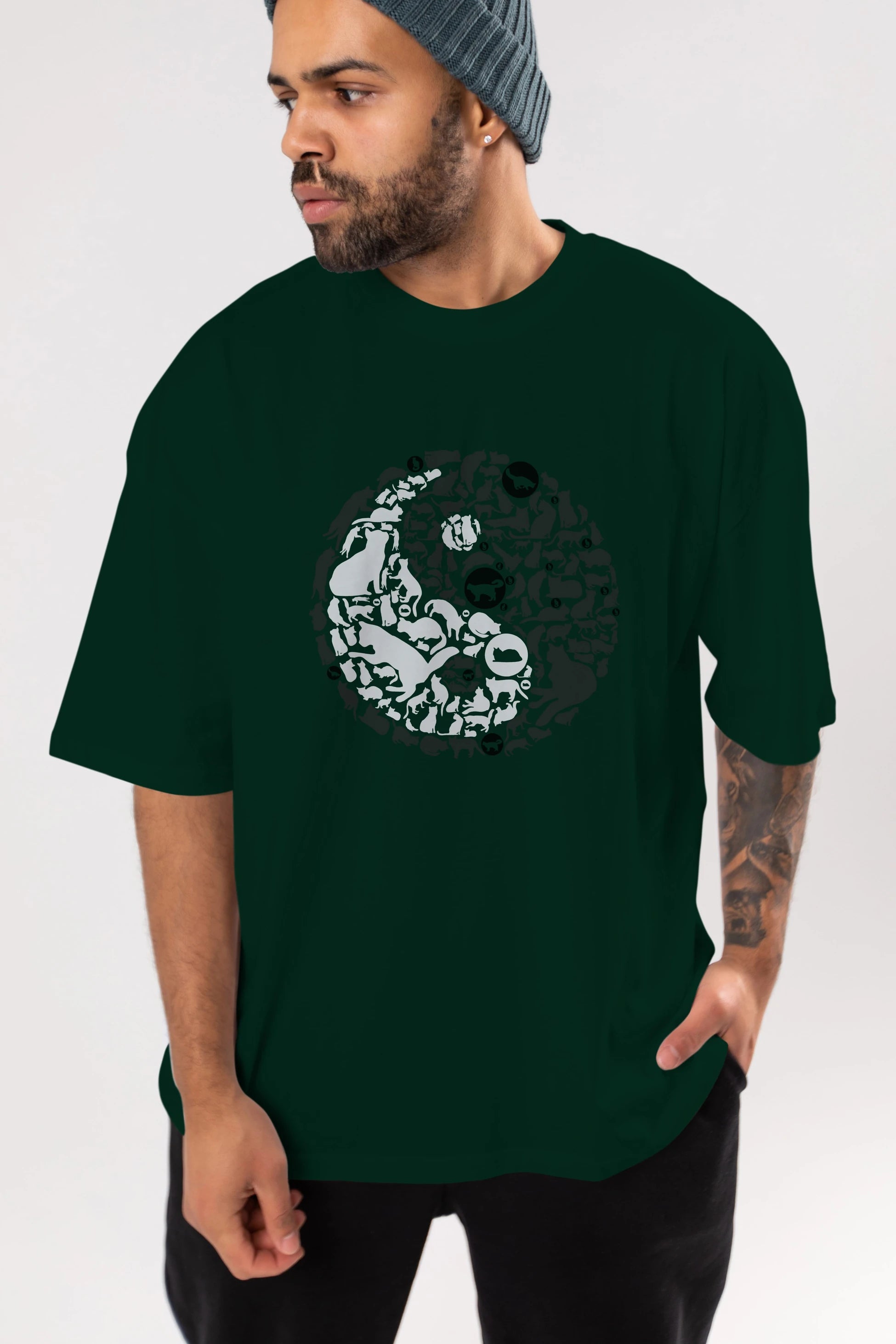 YinYang Cats Ön Baskılı Oversize t-shirt %100 pamuk Erkek Kadın Unisex