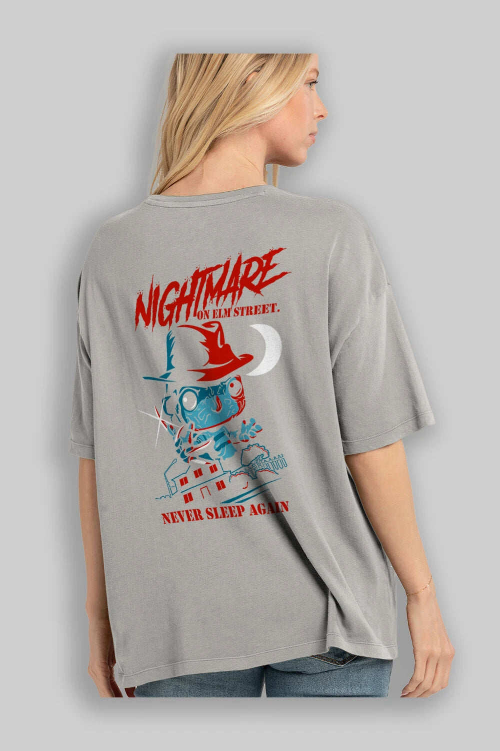 Nightmare Elm Sokağı Arka Baskılı Oversize t-shirt Erkek Kadın Unisex %100 Pamuk Bisiklet Yaka tişort