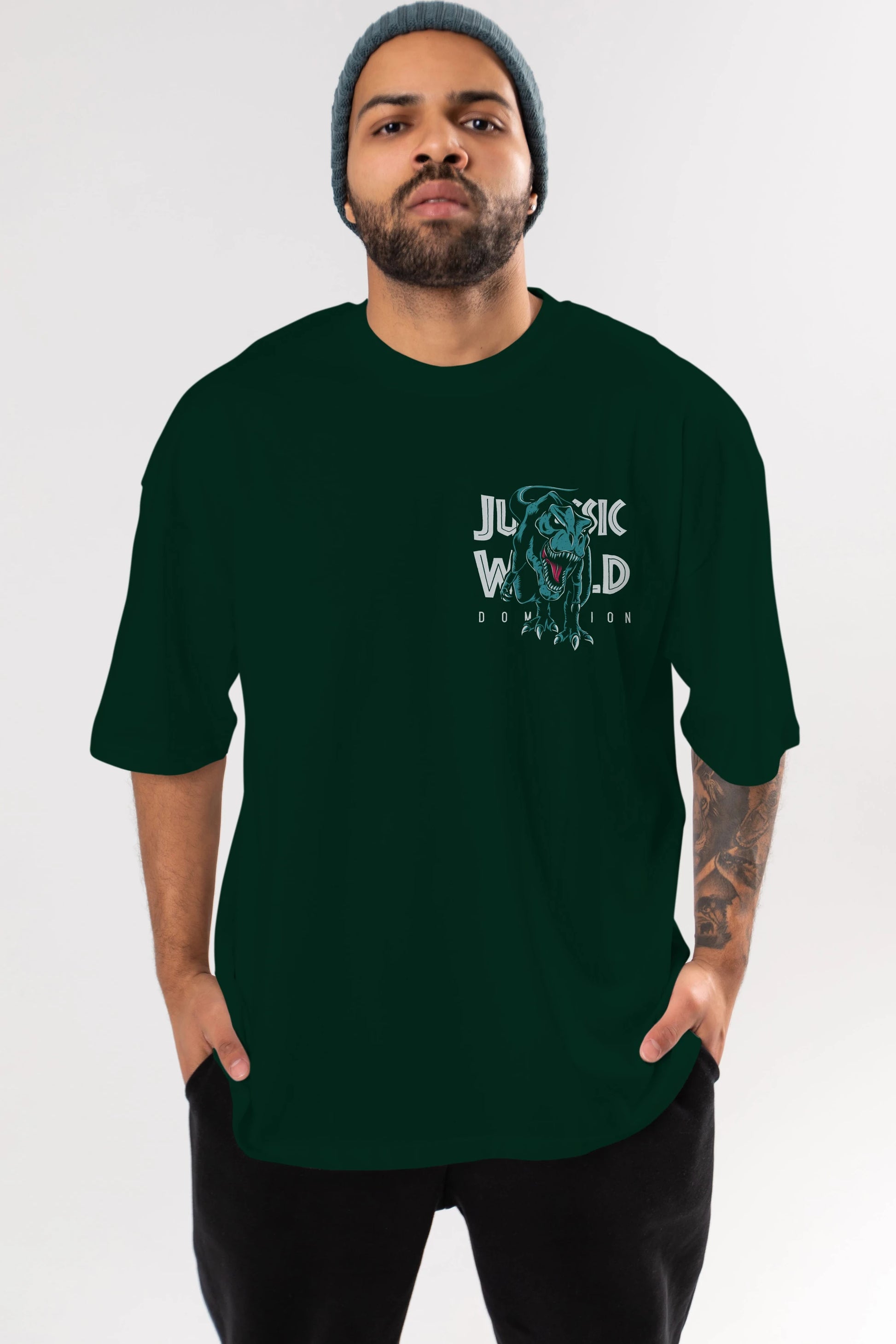 Jurassic Park (1) Ön Sol Baskılı Oversize t-shirt Erkek Kadın Unisex %100 Pamuk Bisiklet Yaka tişort