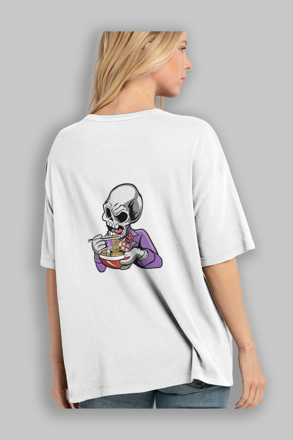 Skull Ramen Arka Baskılı Oversize t-shirt Erkek Kadın Unisex %100 Pamuk tişort