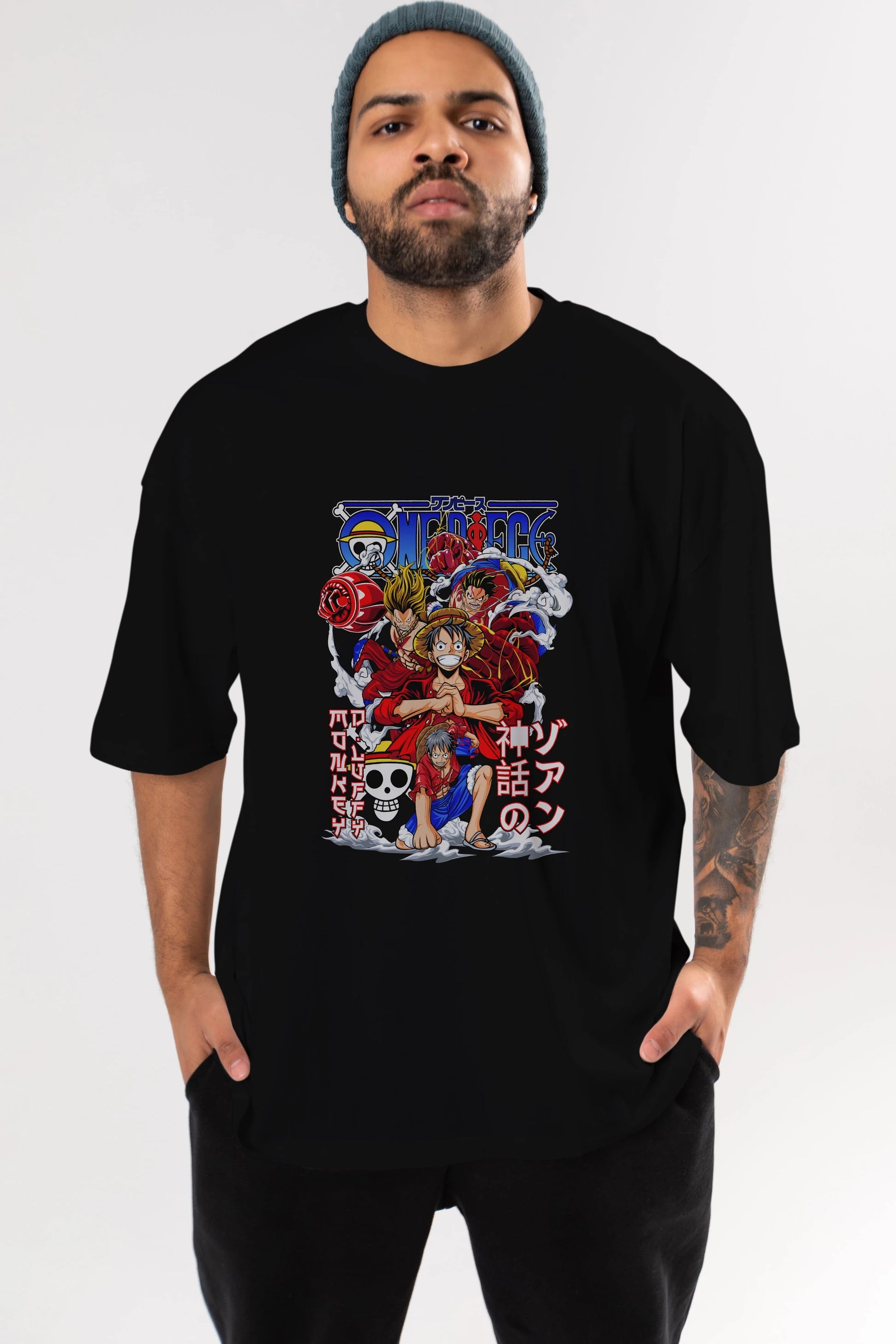 MONKEY D. LUFF-ONE PIECE 2 Anime Ön Baskılı Oversize t-shirt %100 pamuk Erkek Kadın Unisex