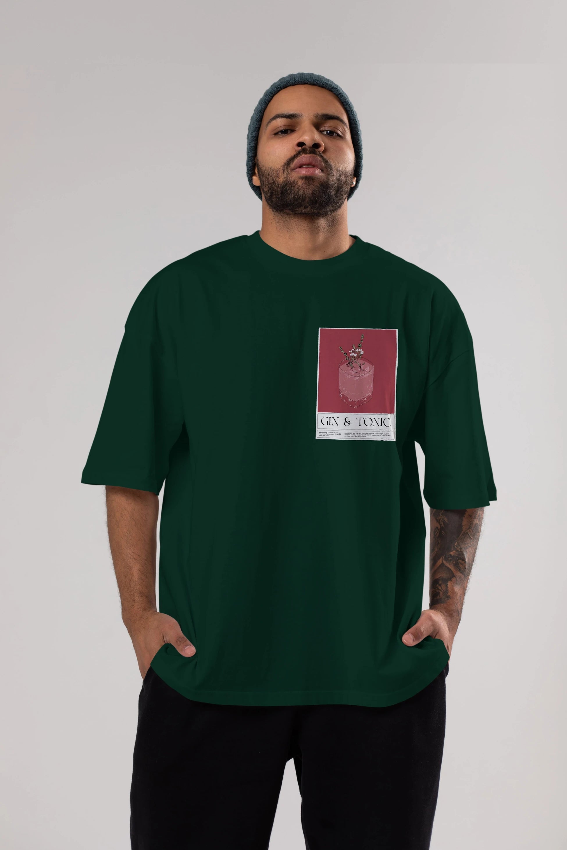 Gin Tonic 4 Ön Sol Baskılı Oversize t-shirt Erkek Kadın Unisex %100 Pamuk Bisiklet Yaka tişort