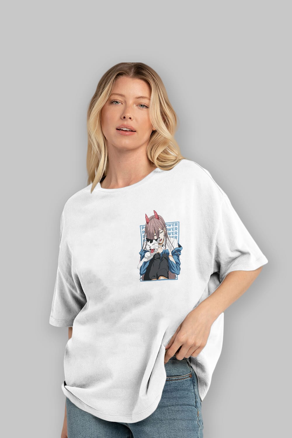 POWER CHAINSAWMAN Ön Sol Baskılı Oversize t-shirt Erkek Kadın Unisex %100 Pamuk Bisiklet Yaka tişort