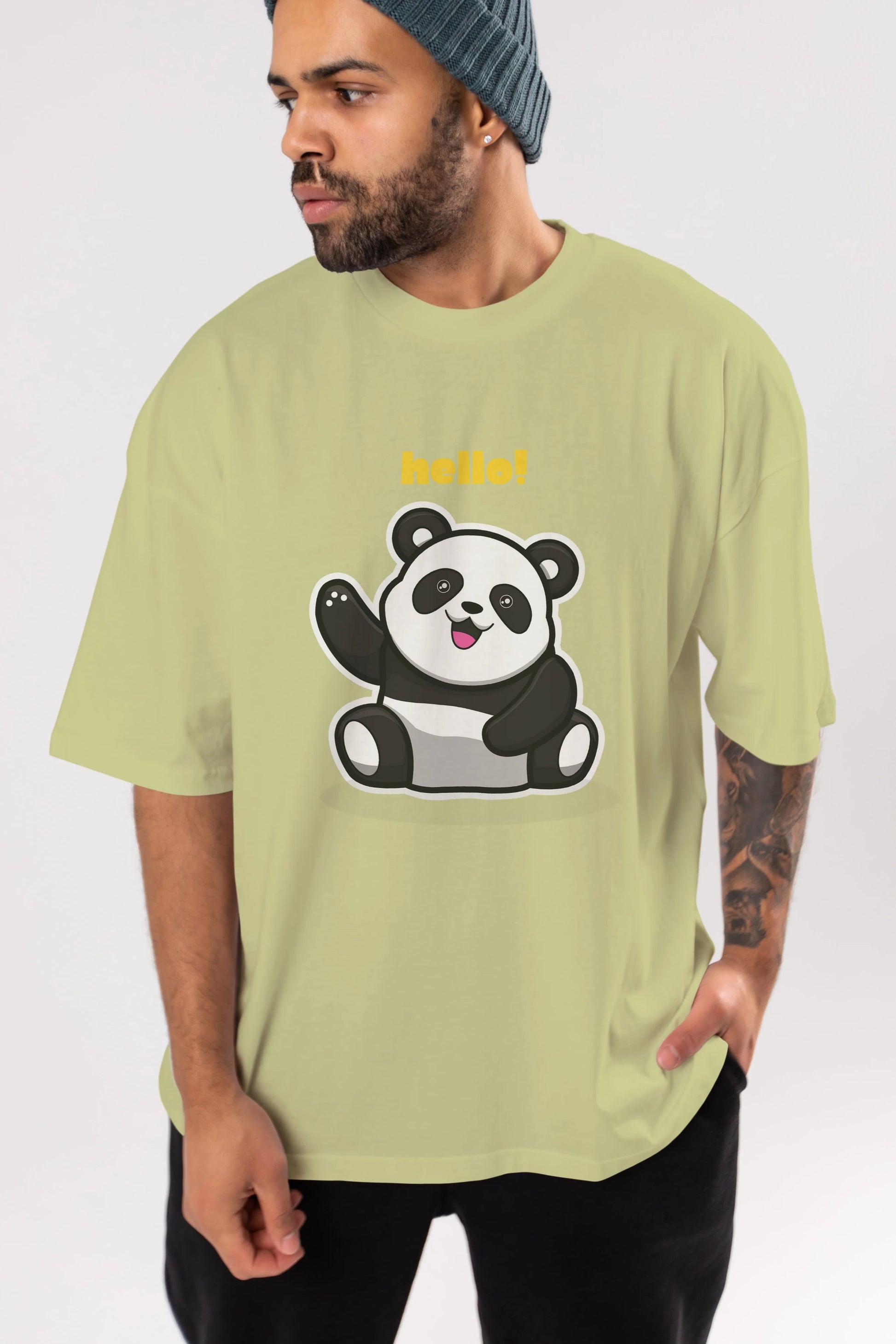 Hello Panda Ön Baskılı Oversize t-shirt Erkek Kadın Unisex