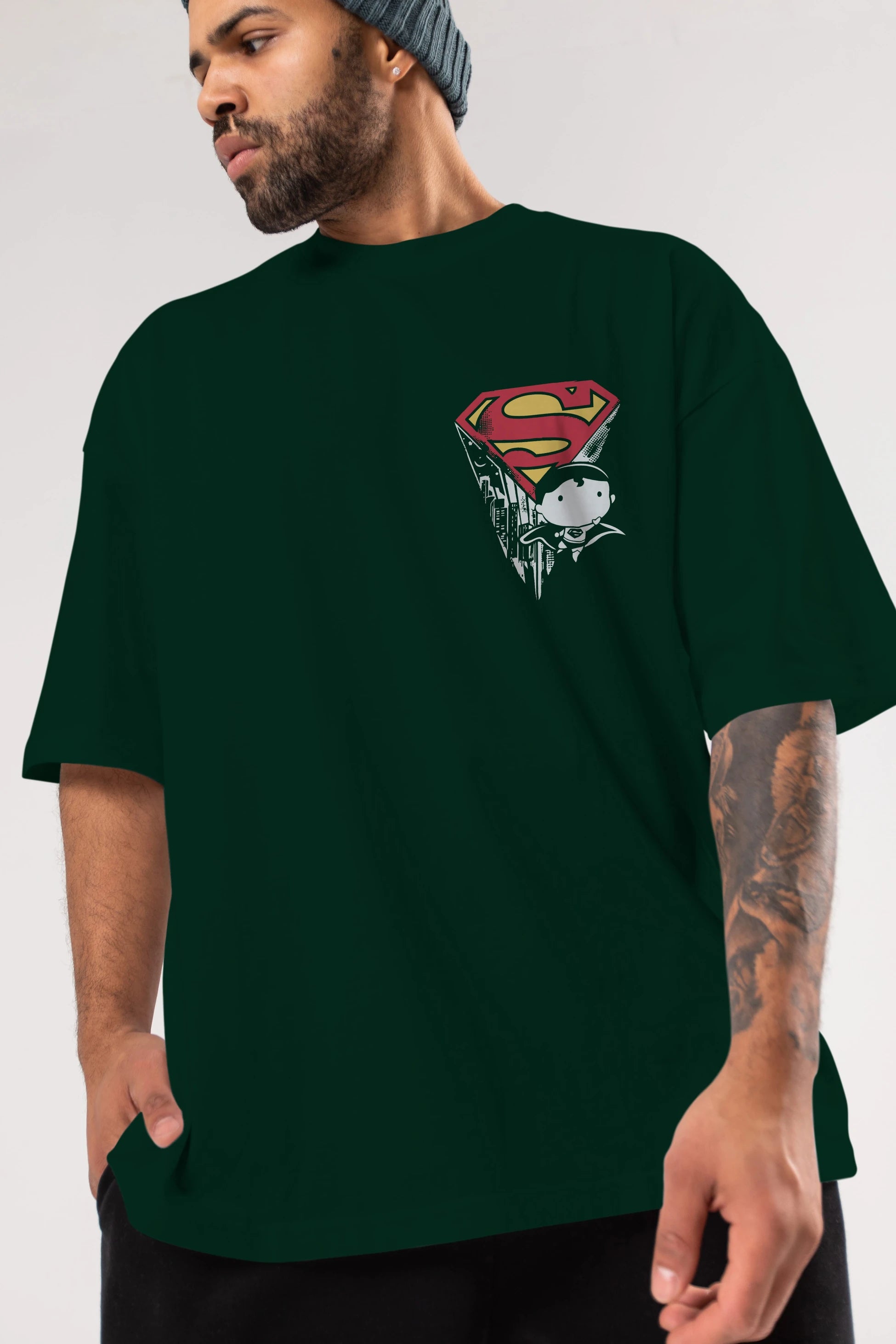 Superman Ön Sol Baskılı Oversize t-shirt Erkek Kadın Unisex %100 Pamuk Bisiklet Yaka tişort