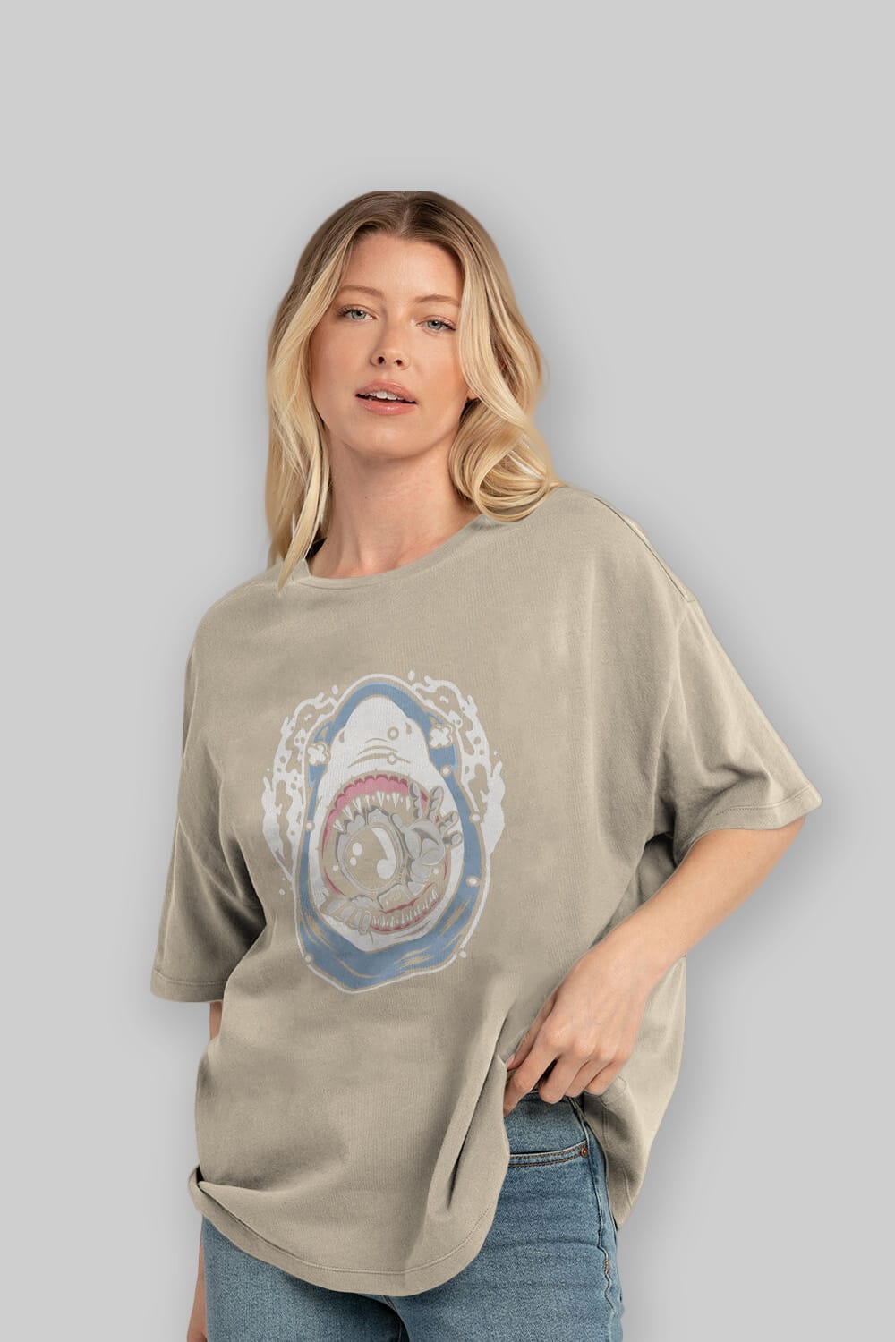 Astronaut Shark Ön Baskılı Oversize t-shirt Erkek Kadın Unisex