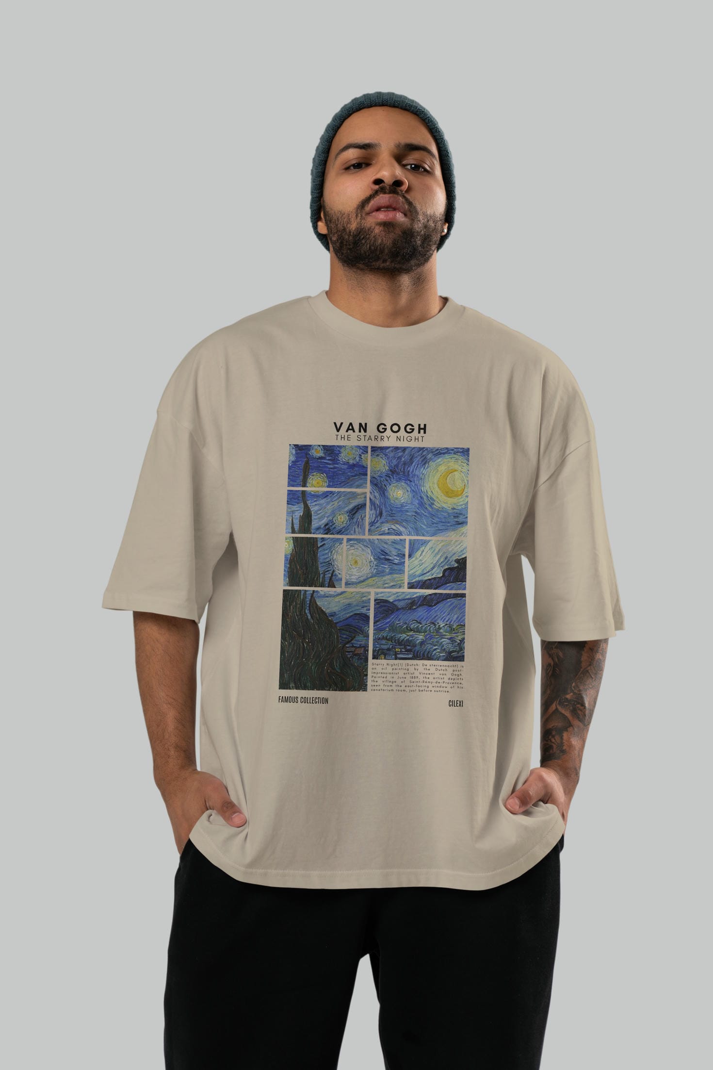 Van Gogh The Starry Night ön Baskılı Oversize t-shirt Erkek Kadın Bisiklet Yaka Pamuk tişort